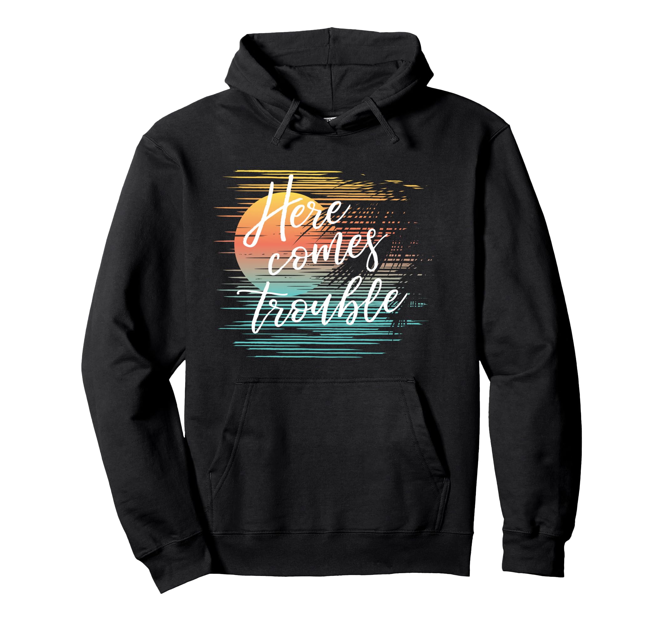 Here Comes Trouble Retro Style Colorful Casual Graphic Pullover Hoodie
