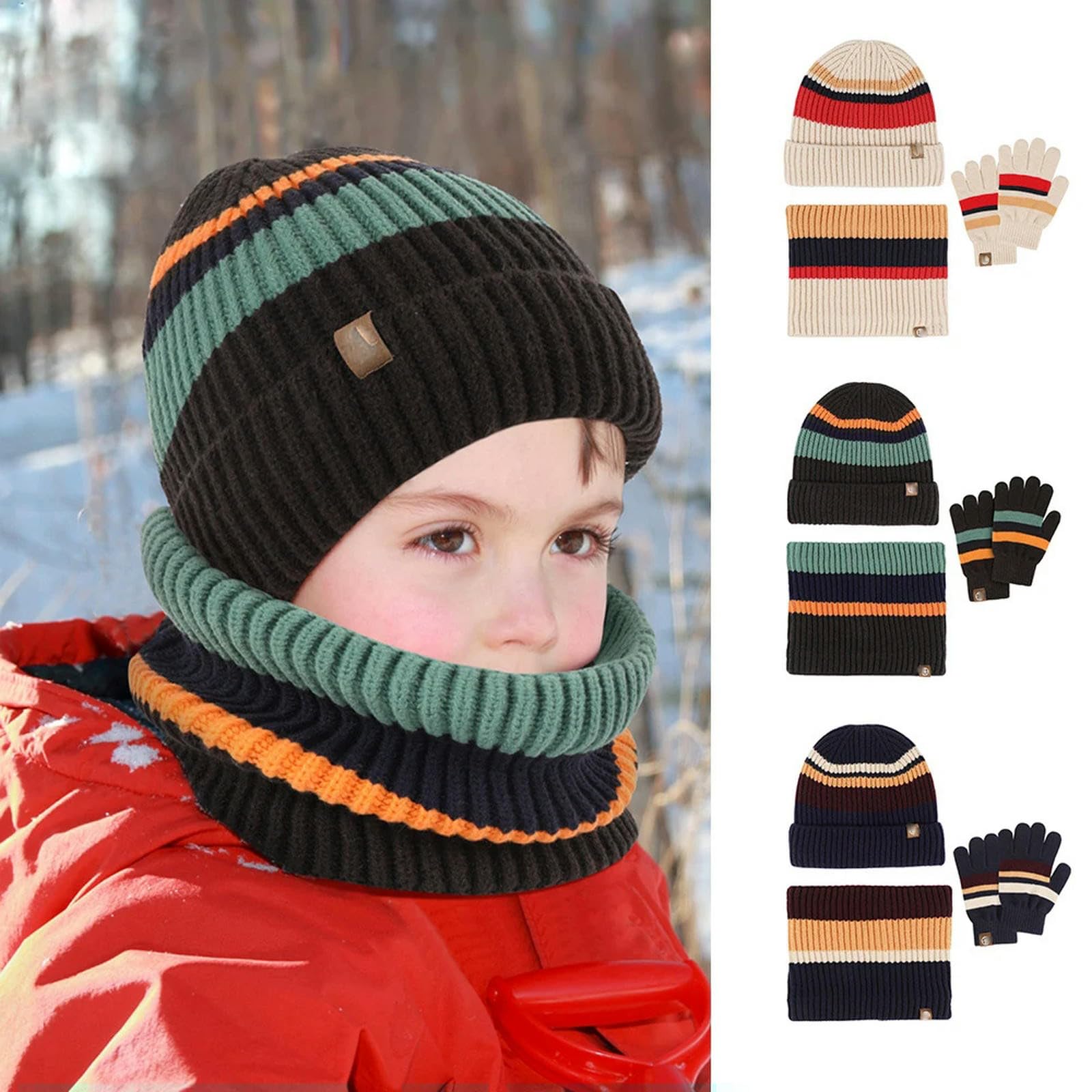 Zonto Wintermütze Schal Handschuh-Sets Kinder Winterhut Handschuhe Schal Set Girls Kinderhut Wolle Gestrickt Plüsch Ausgekleidetem Handschuhset Set-Stil 1 Armee Grün