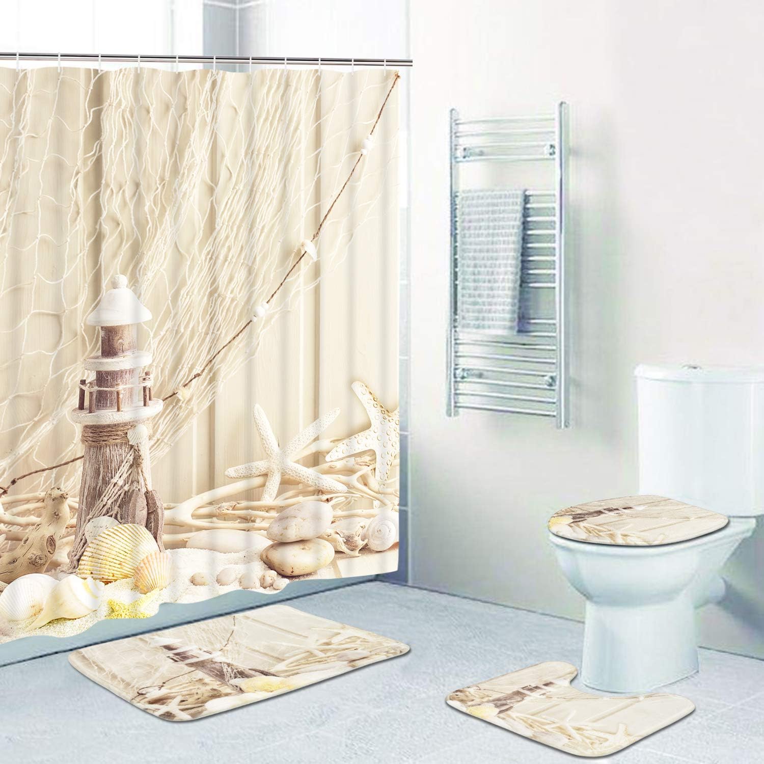 Claswcalor 4 Pcs Lighthouse Starfish Shower Curtain Sets with Non-Slip Rugs, Toilet Lid Cover and Bath Mat, Marine Ocean Beach Shower Curtain with 12 Hooks, Durable Waterproof Shower Curtain