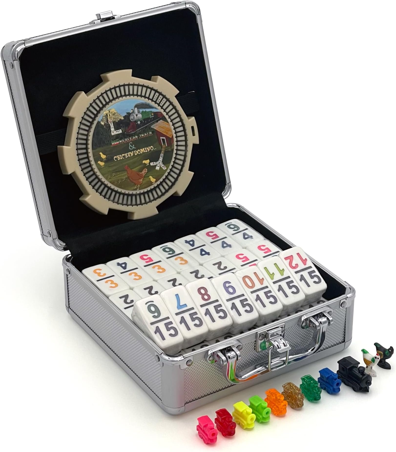 CHH Double 15 Numeral Pro Size Mexican Train & Chicken Domino Set in Aluminum Case