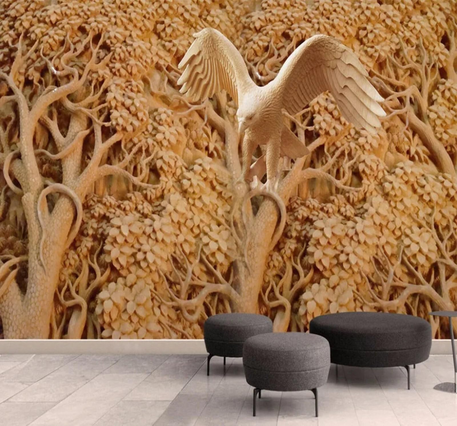 Wallpaper-3D-Xlm 250Cm×170Cm(B×H) Three Dimensional Relief Carving Of Trees Forest And Birds 3D Wallpaper Easy Install Feature Office Living Room Sofa Bedroom Tv Background Wall Decoration-250Cm×170Cm