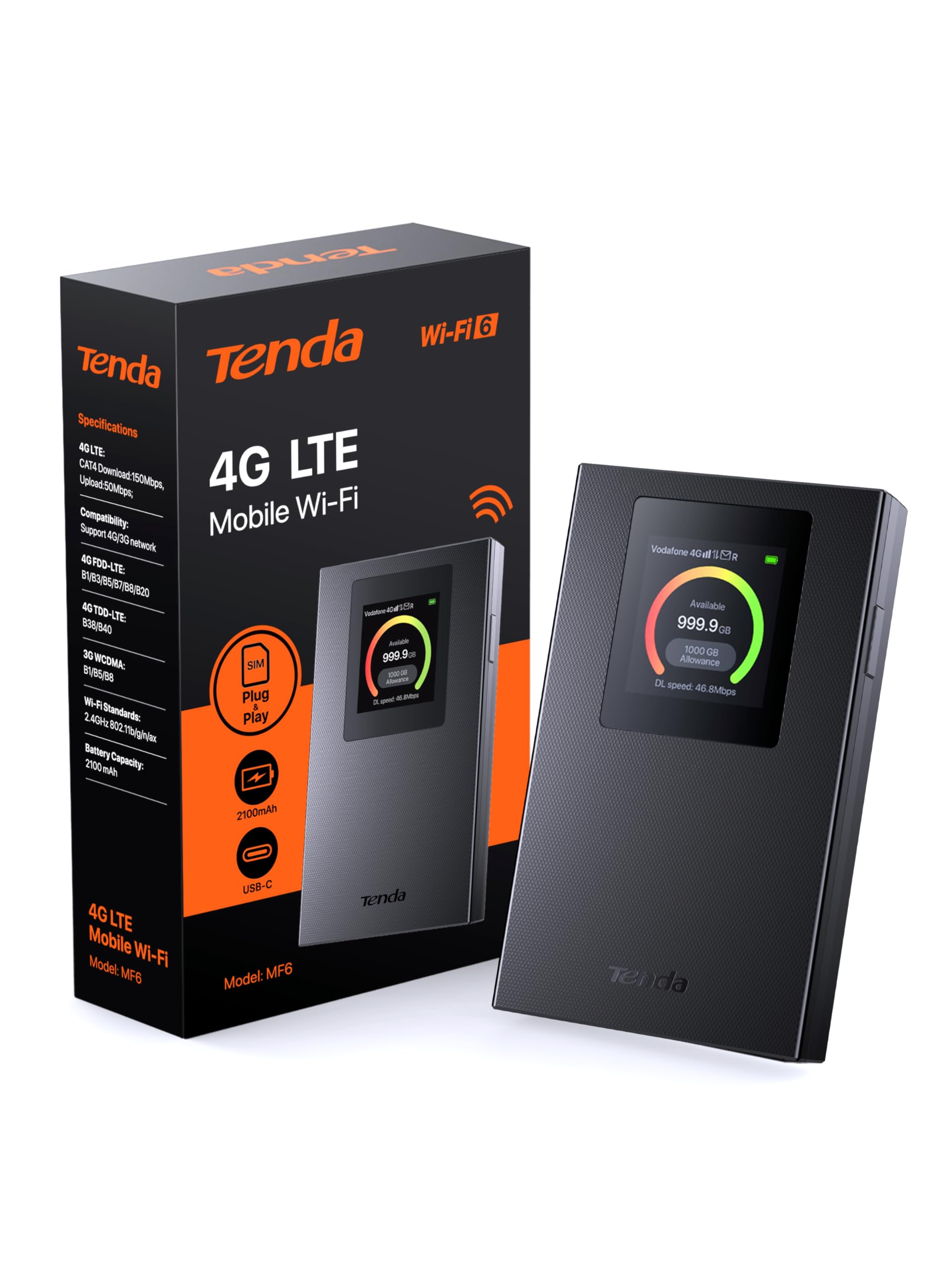 Tenda Mobiler WLAN Router mit LCD-Anzeige, Wi-Fi 6 Tragbarer Hotspot, 2100mAh Akku, USB-C-Port, Plug & Play, WPA3, 4G-Modem, MiFi, Mini-Größe, kompatibel mit entsperrter Nano-SIM-Karten, MF6