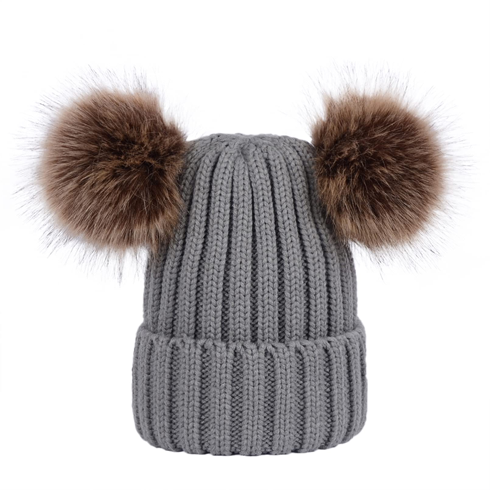 BeFur Gorro de lana unisex para niños, gorro de punto, gorro de invierno cálido con pompón y dos pompones, gris, Talla única