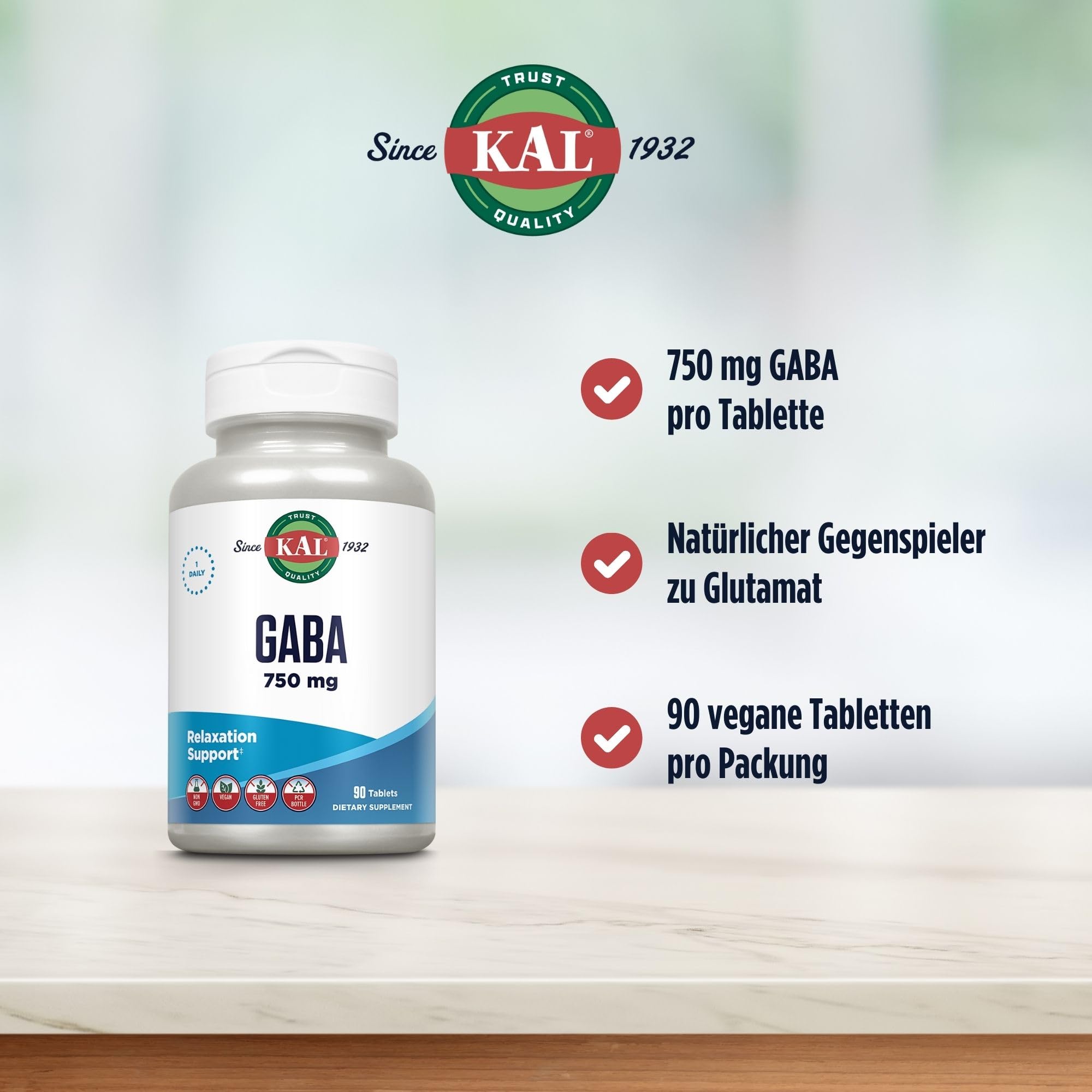 KAL GABA 750 mg - 90 Tabletten - Nahrungsergänzungsmittel Tabletten GABA Kapseln