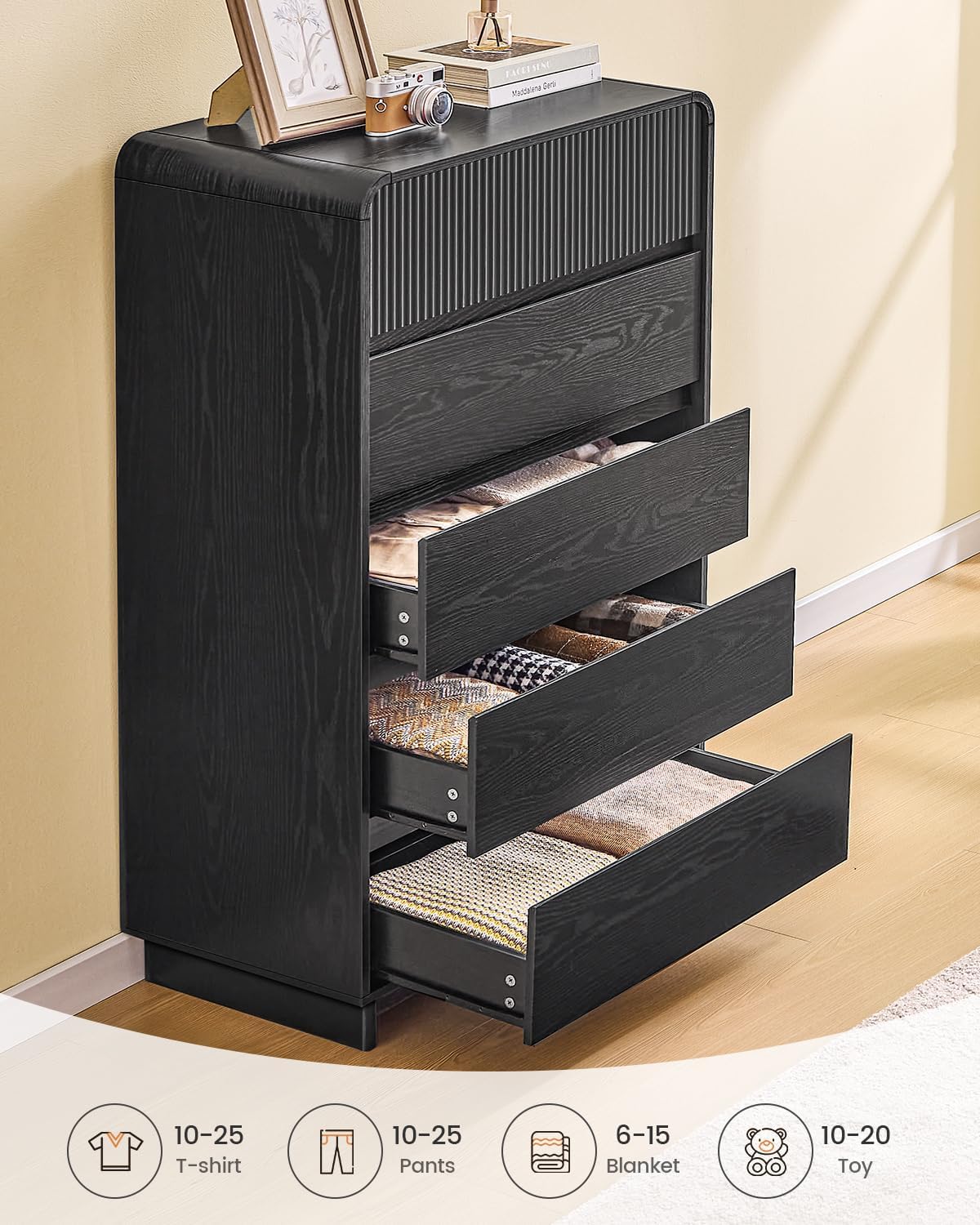 AOGLLATI Mid Century Modern 5 Drawer Dresser for Bedroom, 45" Tall Wood Fluted Dressers & Chests of Drawers with Curved Profile Design for Bedroom,Black