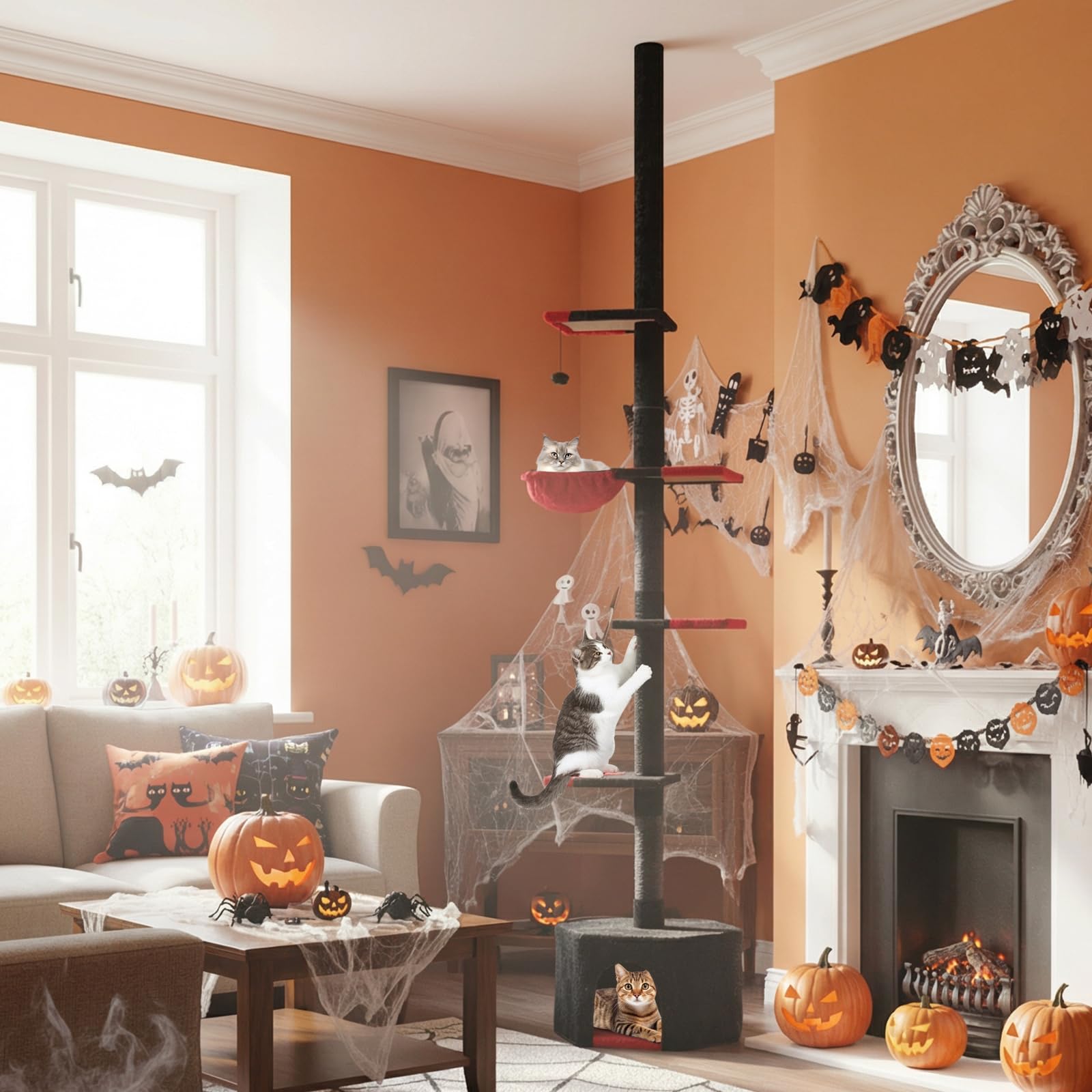 COSTWAY Drapak na sufit, 245-300 cm, od podłogi do sufitu, gotycki Halloween, 5-piętrowy drapak dla kotów, drapak na dużą wysokość, drzewo do wspinaczki z sizalowymi słupami, koszykiem, jaskinią i