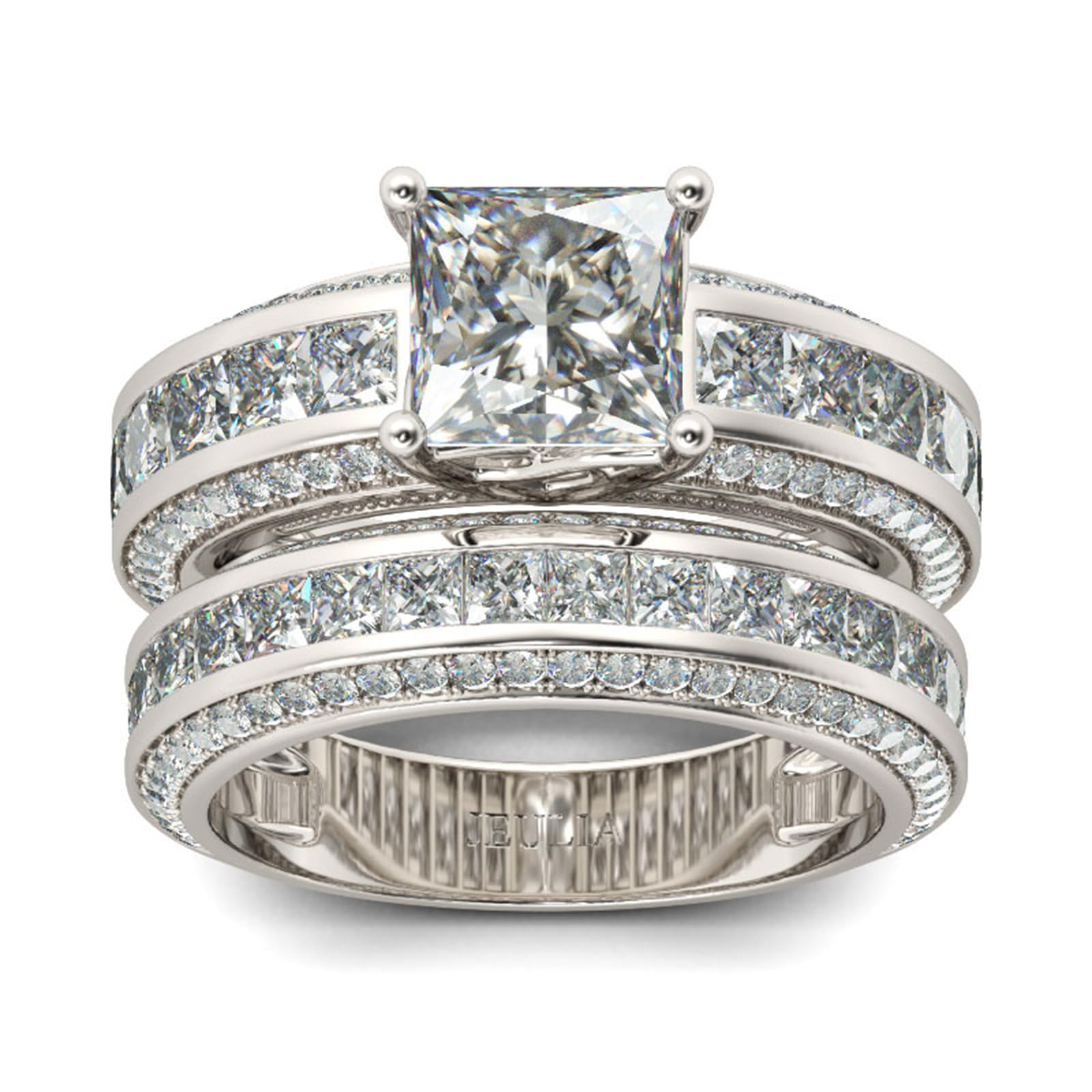 Jeulia Damen Sterling Silber Ringe Set Prinzess-Schliff 4-Prong Diamant Ringe Set Schmuck für Braut Hochzeit Band Verlobungsring Trauring Ehering