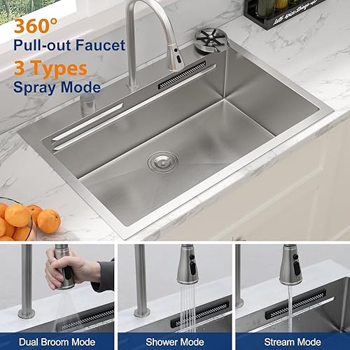 Miniatura 7 de Sarlai - Fregadero de cocina de 33 niveles con repisa de doble nivel, con estación de trabajo de 33 x 22 pulgadas, de acero inoxidable de calibre