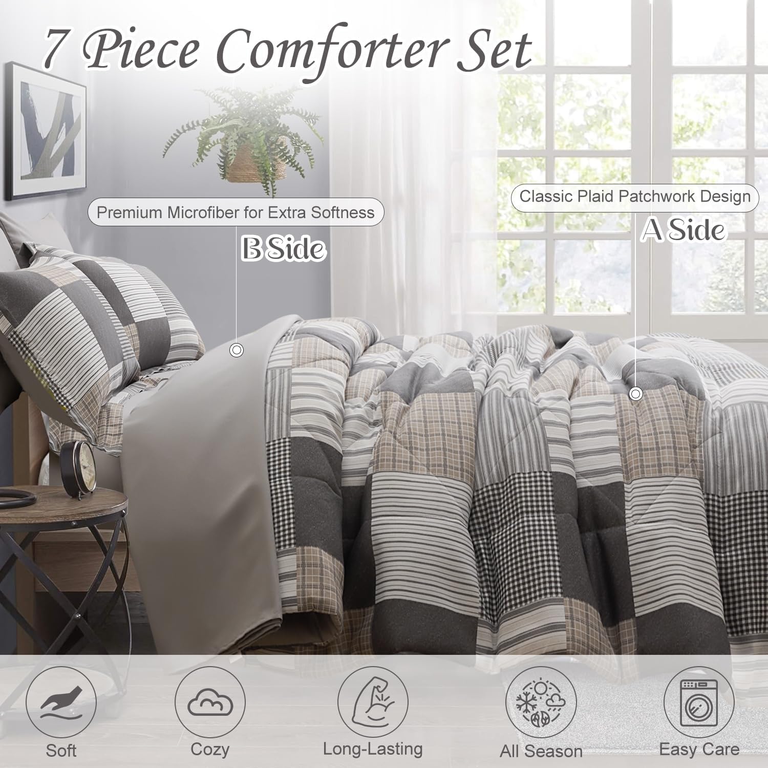 Comforter Set Queen Size Plaid Patchwork Comforter Bedding-7 Piece Bed in a Bag,Soft Fluffy Reversible Microfiber Bedding Set(1 Comforter,1 Flat Sheet,1 Fitted Sheet,2 Pillowcases,2 Pillow Shams),Grey