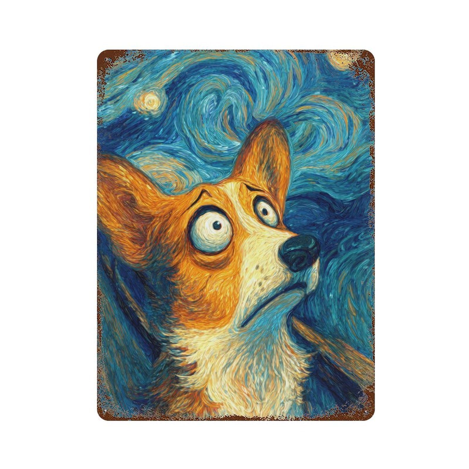 Starry Night Dog Rust Effect Tin Sign 15.7"x11.8", Vintage Wall Decor for Garage, Pub Or Kitchen
