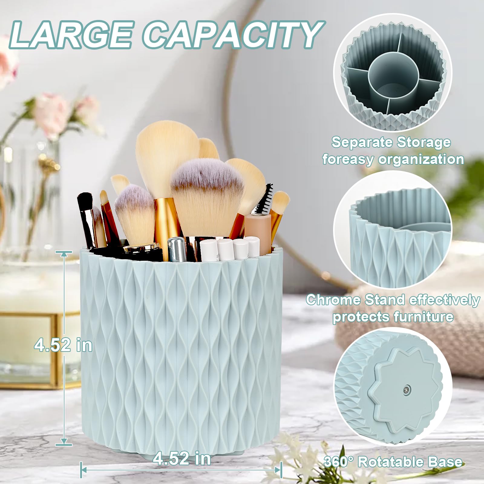 WAFJAMF Makeup Organiser Brush Holder 360 Rotating Cosmetics Organizer Large Capacity Storage Box for Vanity Desktop Bathroom Countertop 5 Slot Makeup Brushes Container - Image 2