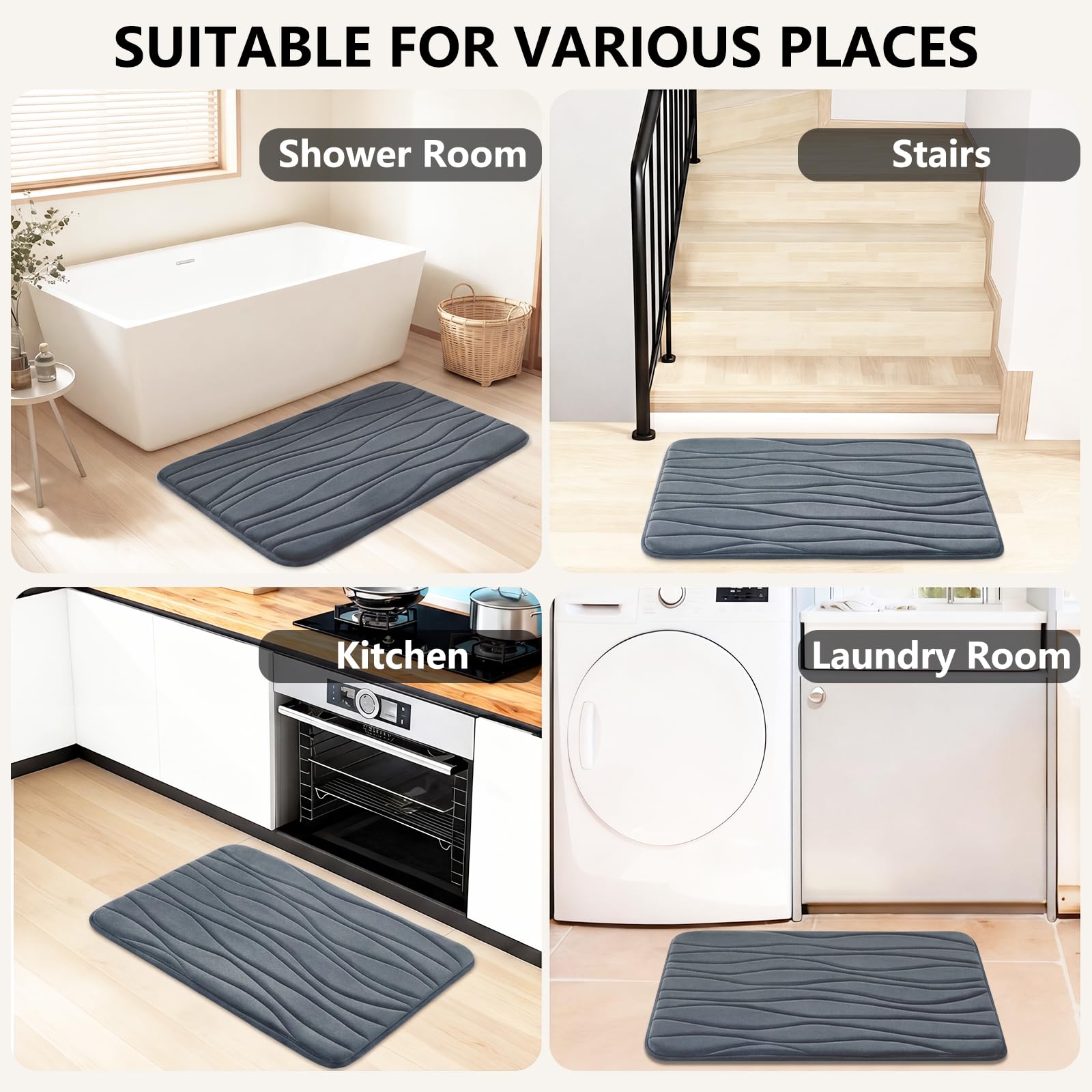 Homcomodar Set di 3 tappetini da bagno in morbida memory foam, assorbenti, lavabili, antiscivolo, per doccia, bagno, decorazione per bagno (grigio scuro)