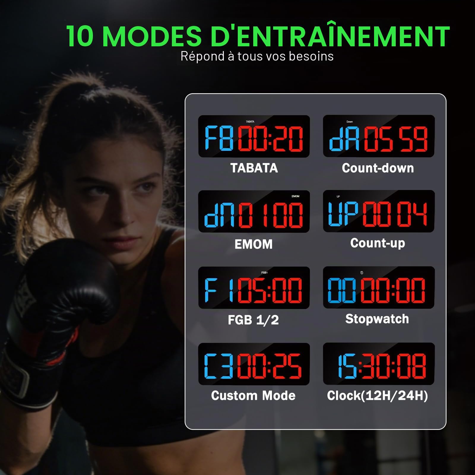 Timer Sport,Minuteur et Chronomètre Digital,Horloge Murale Numérique avec Télécommande,Gym Timer 12/24H pour Fitness Home Gym School | Interval Sport Timer avec Tabata EMOM FGB, luminosité et volume réglables