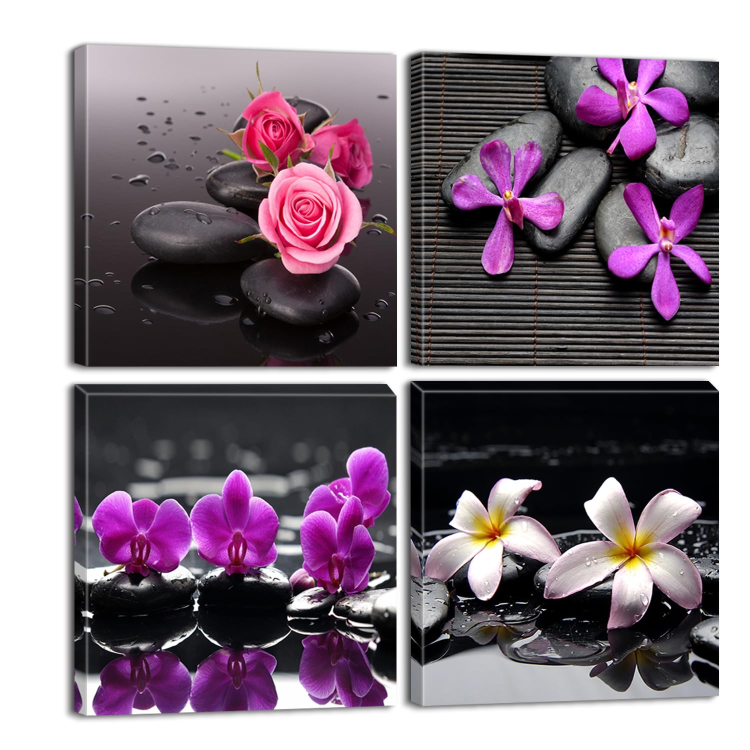 Piy Painting 4 Piezas Cuadro Lienzo Moderno, Orquídea y Guijarros Pinturas Murales Decoración, Flores Imágenes Arte de Pared Listo para Colgar Cuadros Sobre el Lienzo con Baño Dormitorio 30x30cm