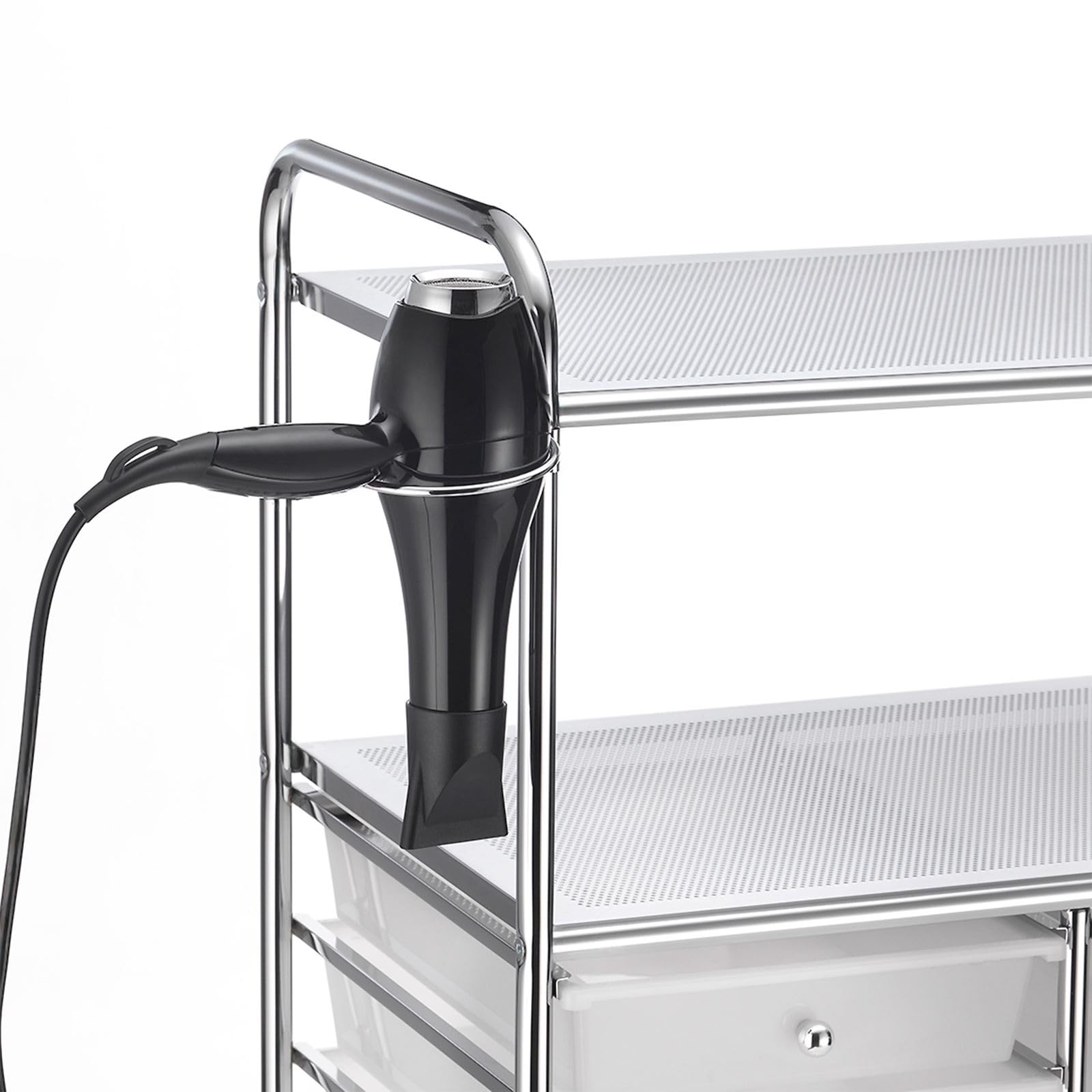IDIMEX Caisson sur roulettes Marita Chariot avec 9 tiroirs en Plastique Blanc Transparent et 2 étagères avec Anneau Porte sèche Cheveux, Meuble de Rangement pour Salle de Bain en métal chromé