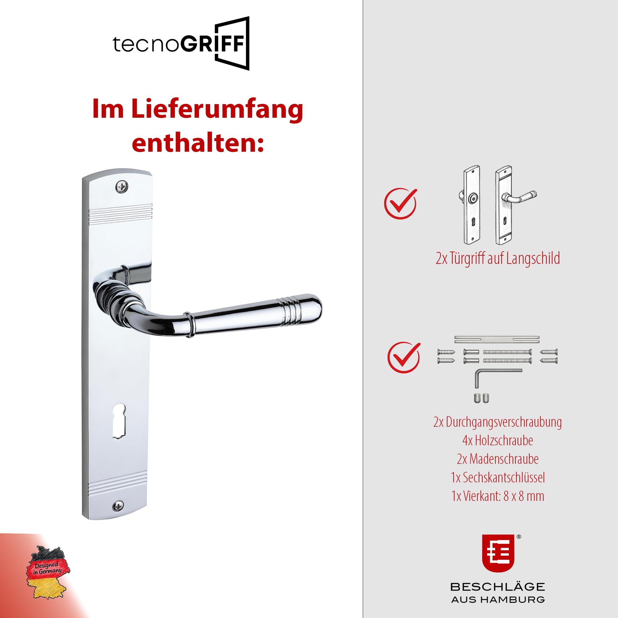 Beschläge Hamburg Türgriff EMILY ART 70-09 – Drückergarnitur Langschild 45 x 235 mm, Buntbart (BB) für Zimmertüren, Set inkl. Befestigungsmaterial, chrom poliert