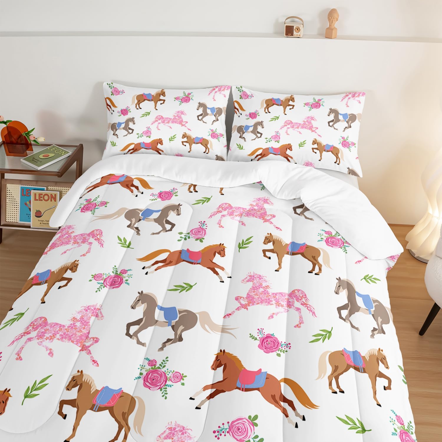 HOSIMA Kawaii Pink Rose Horse Twin Comforter Princess Toddler Bedding Set,Cute Animal Horse Bedding Girls Teens Aesthetic Room Decor,Cowboy Cowgirl Colorful Pony Twin Bed in a Bag. - Image 4