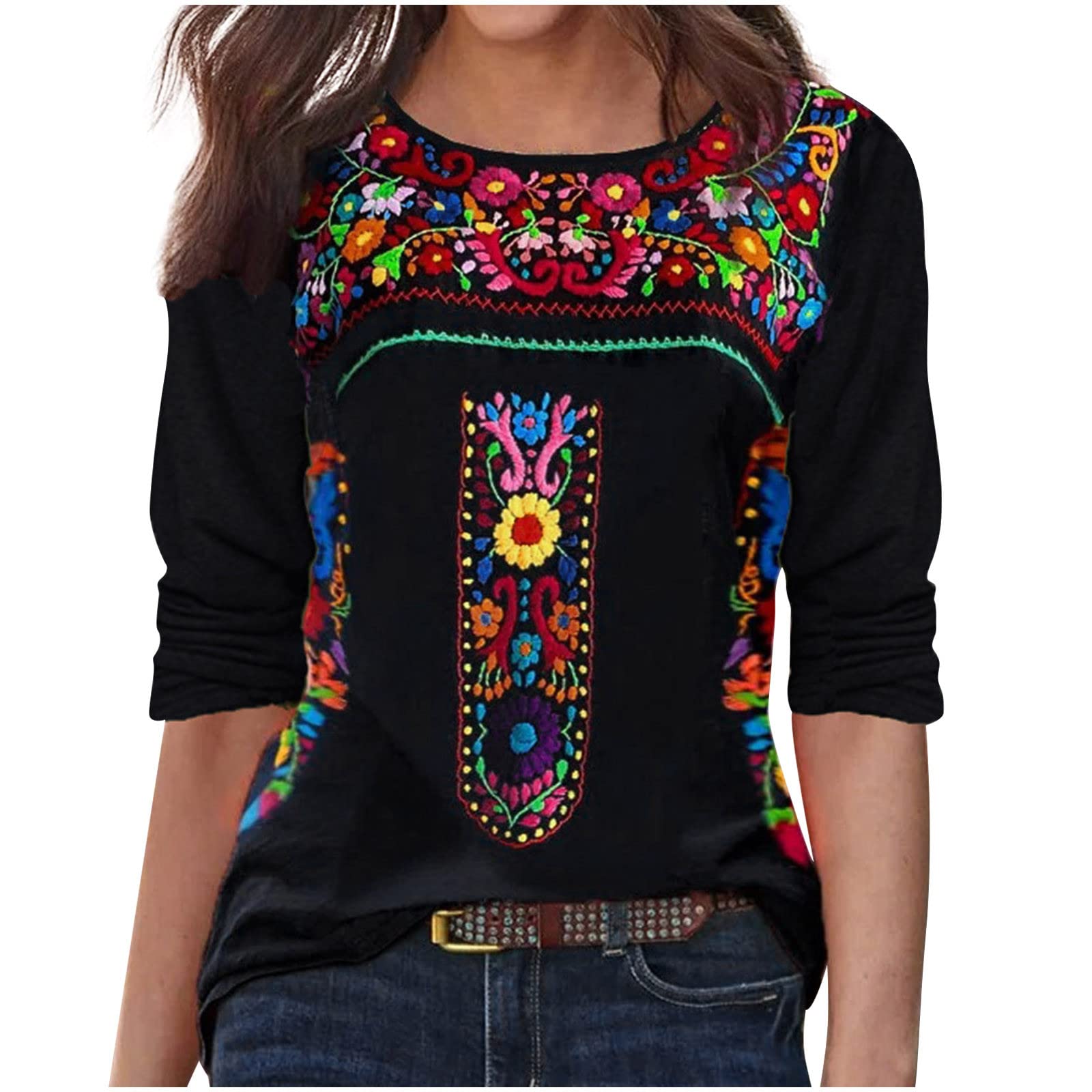 Mexican Embroidered Shirt for Women Summer Short Sleeve Ethnic Style Tops Boho Floral Print Dressy Blouse Loose Tunic