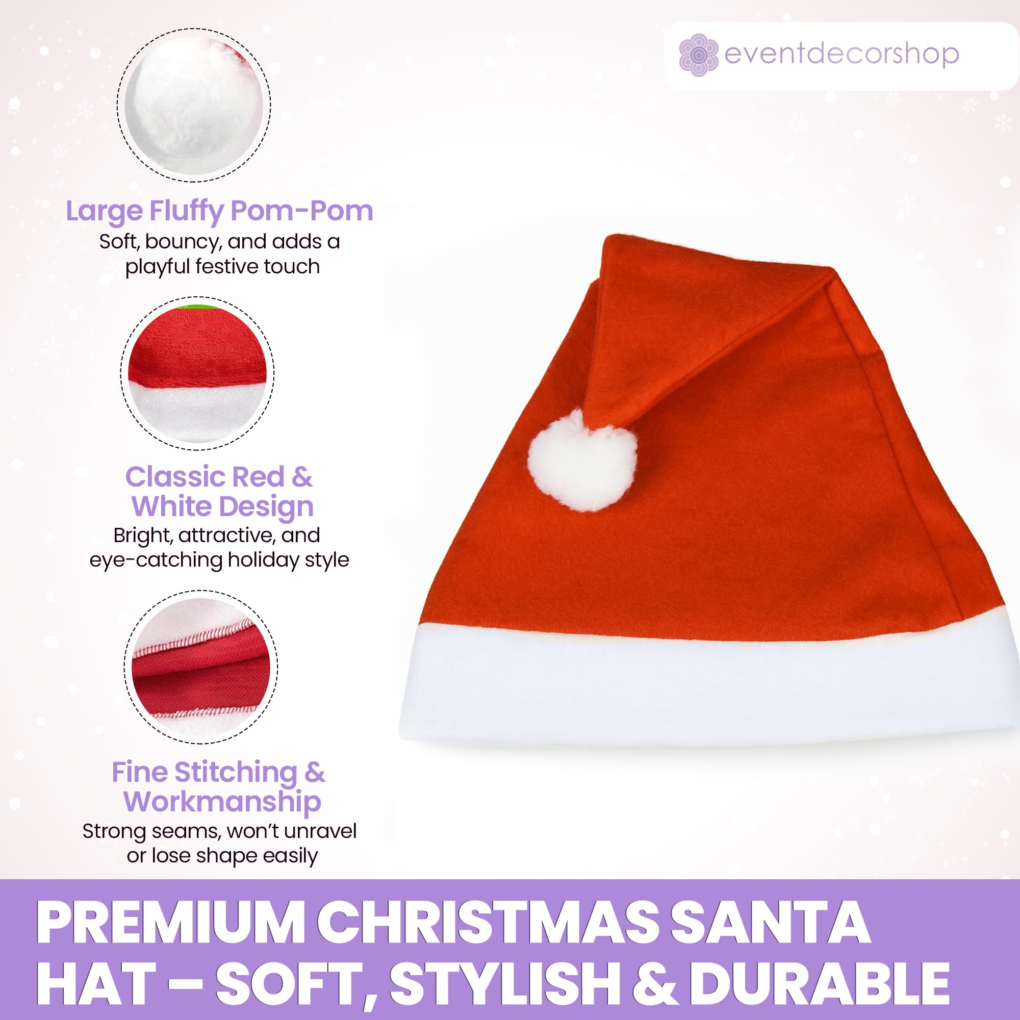 Event Decor Shop 100 sombreros de Papá Noel para adultos y niños, sombreros clásicos de Navidad de terciopelo rojo, accesorios de disfraz de fiesta de Navidad de felpa suave, decoraciones a granel de