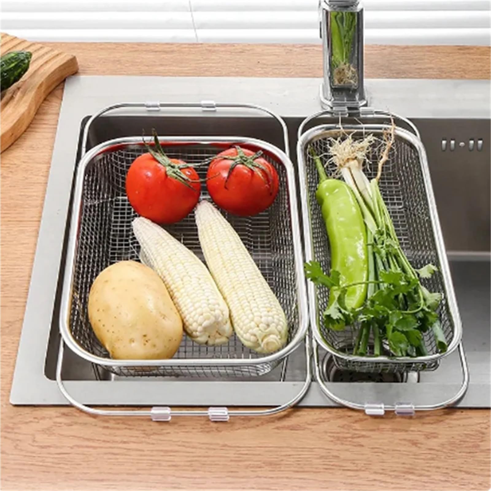 Escurridor retráctil de Acero Inoxidable, Asas Agarre, colador Ovalado, Fregadero, escurridor Verduras, Cesta Almacenamiento for el hogar para Cocina,Frutas(34x24cm)