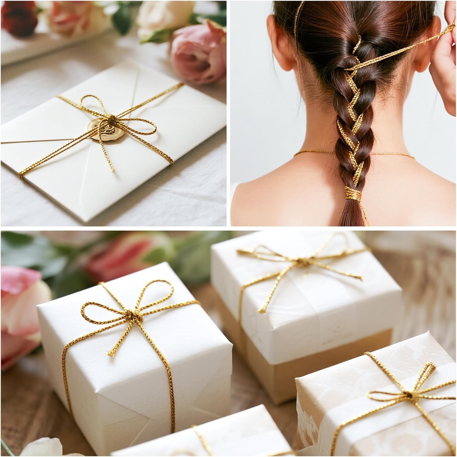 KINGLAKE Gold String Metallic Twine - 1.5mm 328 Feet Gold String for Crafts Christmas String Glitter Decorative Cord for Gift Wrapping Christmas Decorations Tags Ornaments
