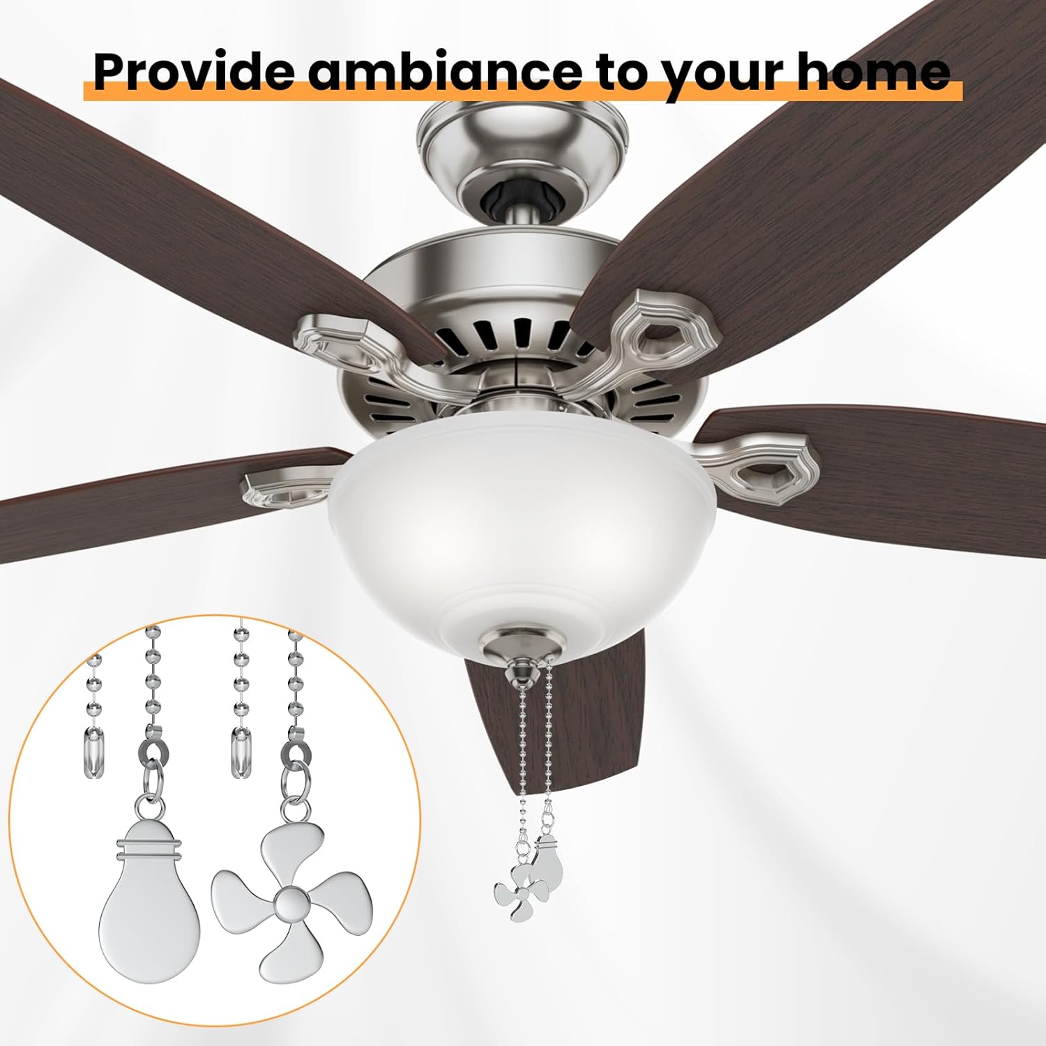 Ceiling Fan Pull Chain Extender, 2 Pcs 12 Inches Long Ceiling Fan Pull Chain Extension Pendant Ornament Set with Connector for Ceiling Fan and Light Lamp Decoration (Silver)
