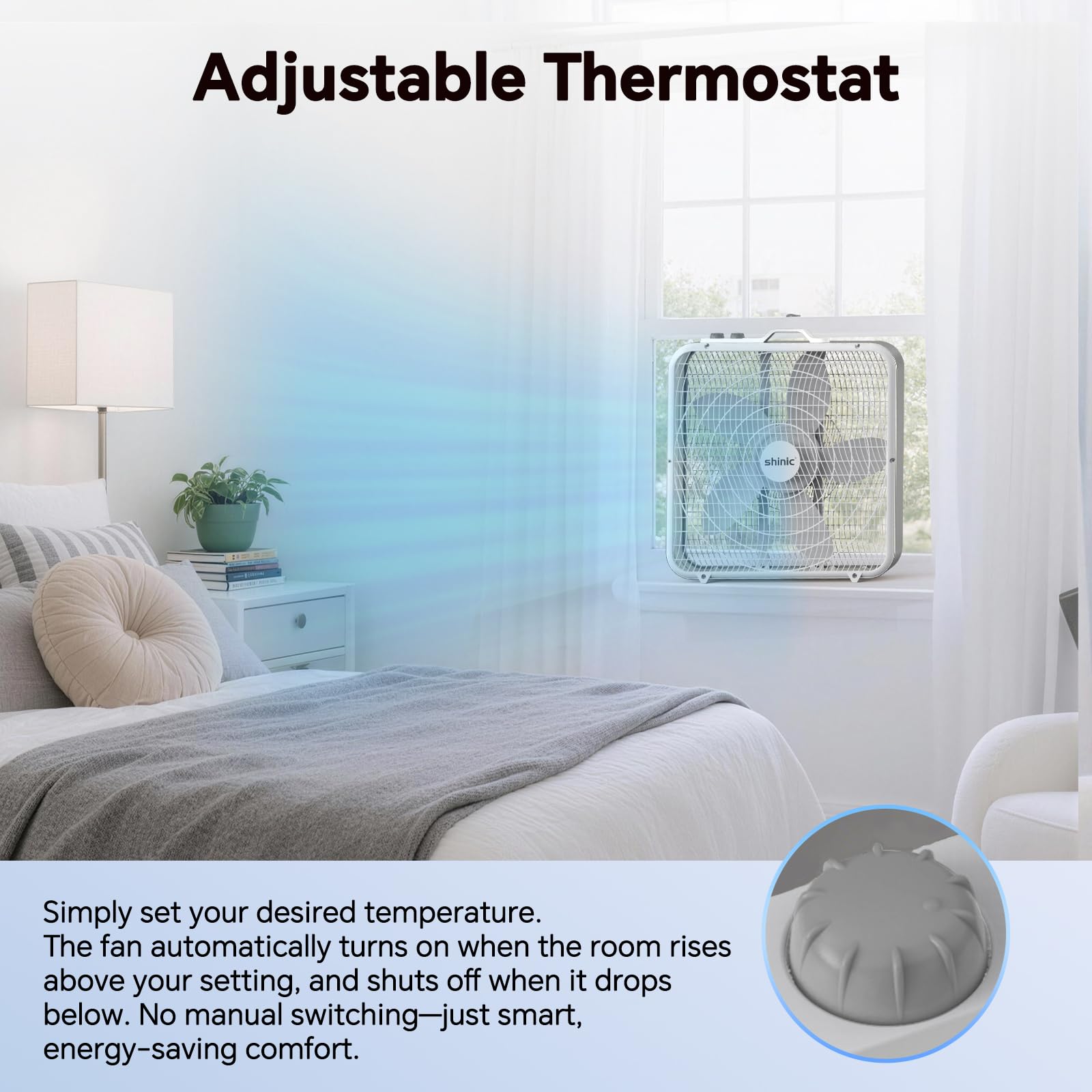 shinic 50,8 cm Kastenventilator mit Thermostat, 3-Gang-Metallrahmen, Fensterboxventilator mit Tragegriff und rutschfesten Füßen, automatische Temperaturregelung, Kühlventilator für Schlafzimmer