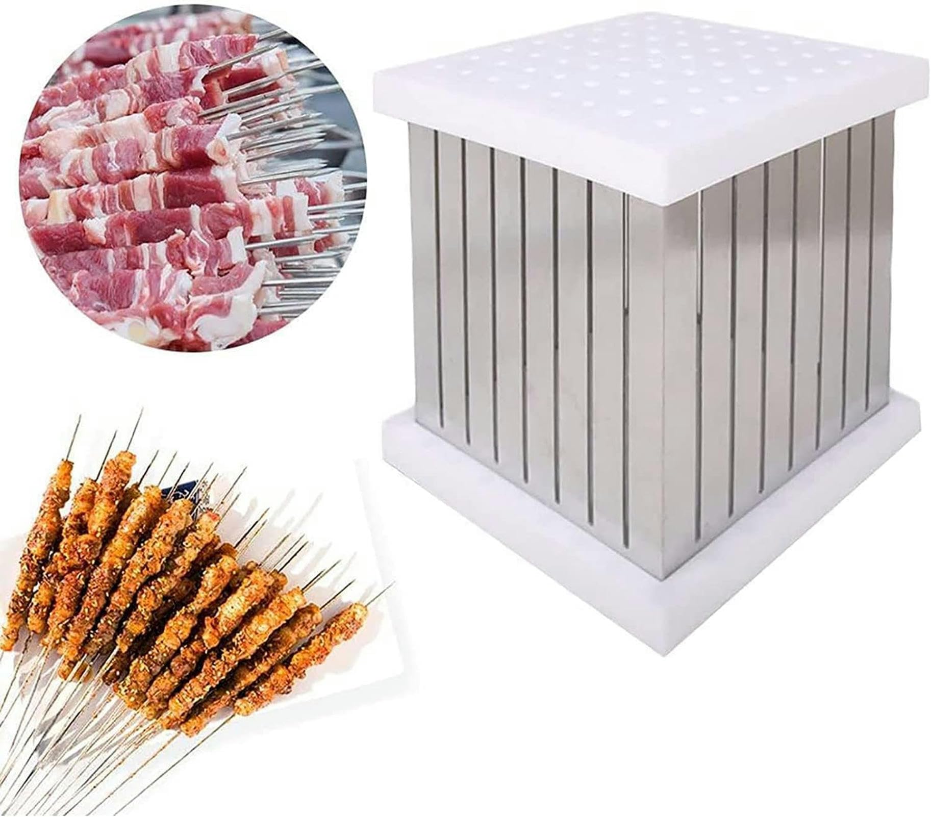 Spiedini per barbecue a 64 fori, scatola per la preparazione di kebab, affettatrice per carne, barbecue, spiedini, kit per la preparazione di brochette per kebab, per cucina all'aperto