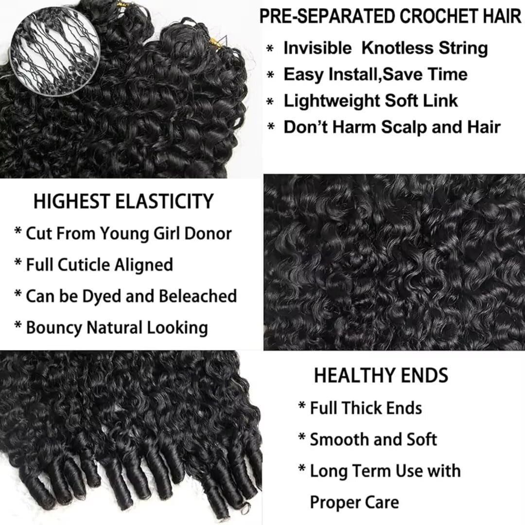 Burmese Curly Crochet Human Hair Pre Looped Deep Wave Human Hair Crochet Miracle Knots Feathered Human Crochet Hair Extensions For Braids Natural Black 60g 12Inch