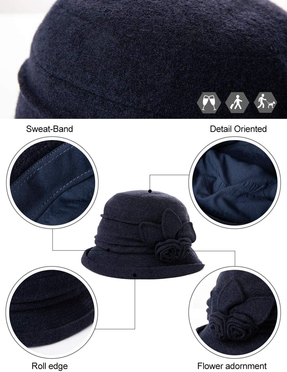 Comhats Winter Cloche Bucket Hat for Women Wool Elegant Dress 1920s Vintage Fedora - Image 5