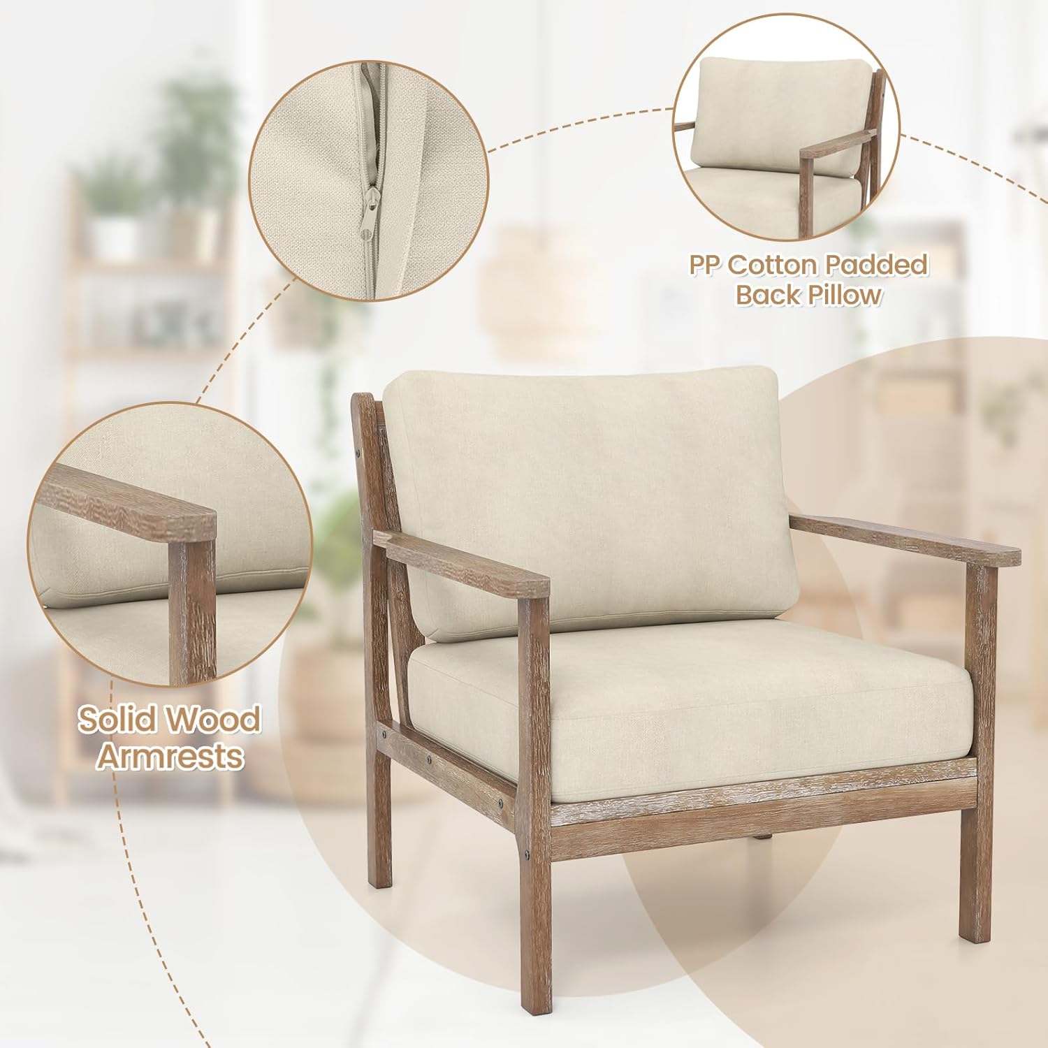 GOFLAME Mid-Century Modern Accent Chair, Upholstered Armchair with Solid Wood Frame, Linen Fabric Comfy Reading Chair, Farmhouse Leisure Chair for Living Room, Bedroom, Sunroom, Hosting Room