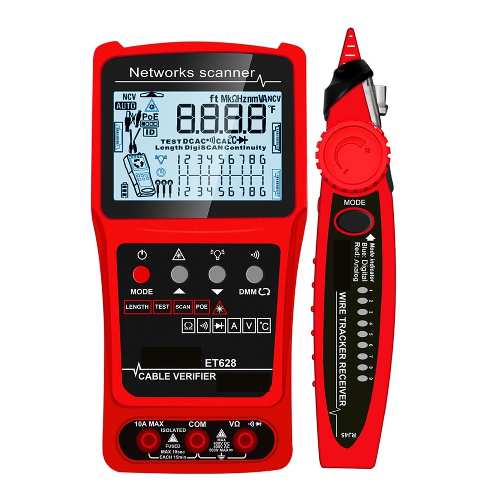 Rastreador de cables de red ET628 con multímetro 3 en 1 y linterna flash integrada 8