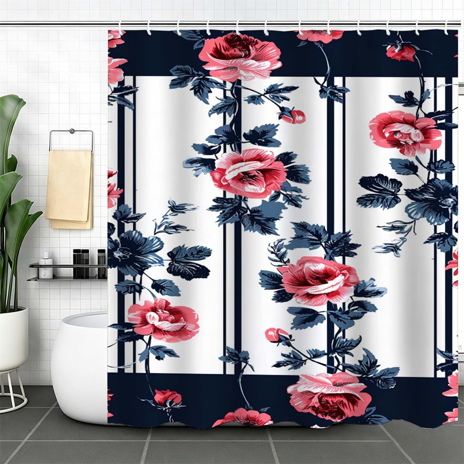 In bianco e nero Tenda Doccia 180x240cm, Tenda per Doccia Tessuto Poliestere Impermeabile Asciugatura Rapida con 12 Anelli, Tende Finestra Bagno e Vasca Pieghevole Shower Curtain Retro J-590