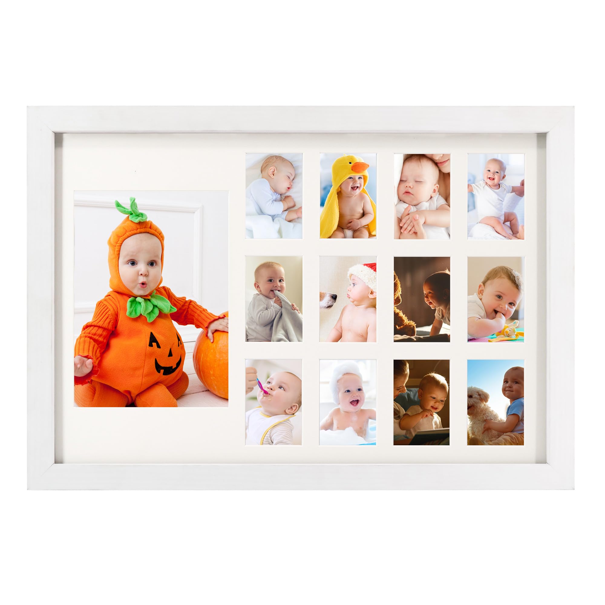 GMFrames School Days Photo Frame School Years Picture Frame Graduation White Horizontal Frame with Mat, Displays One 5x7 Photo and Twelve 2x3 Pictures