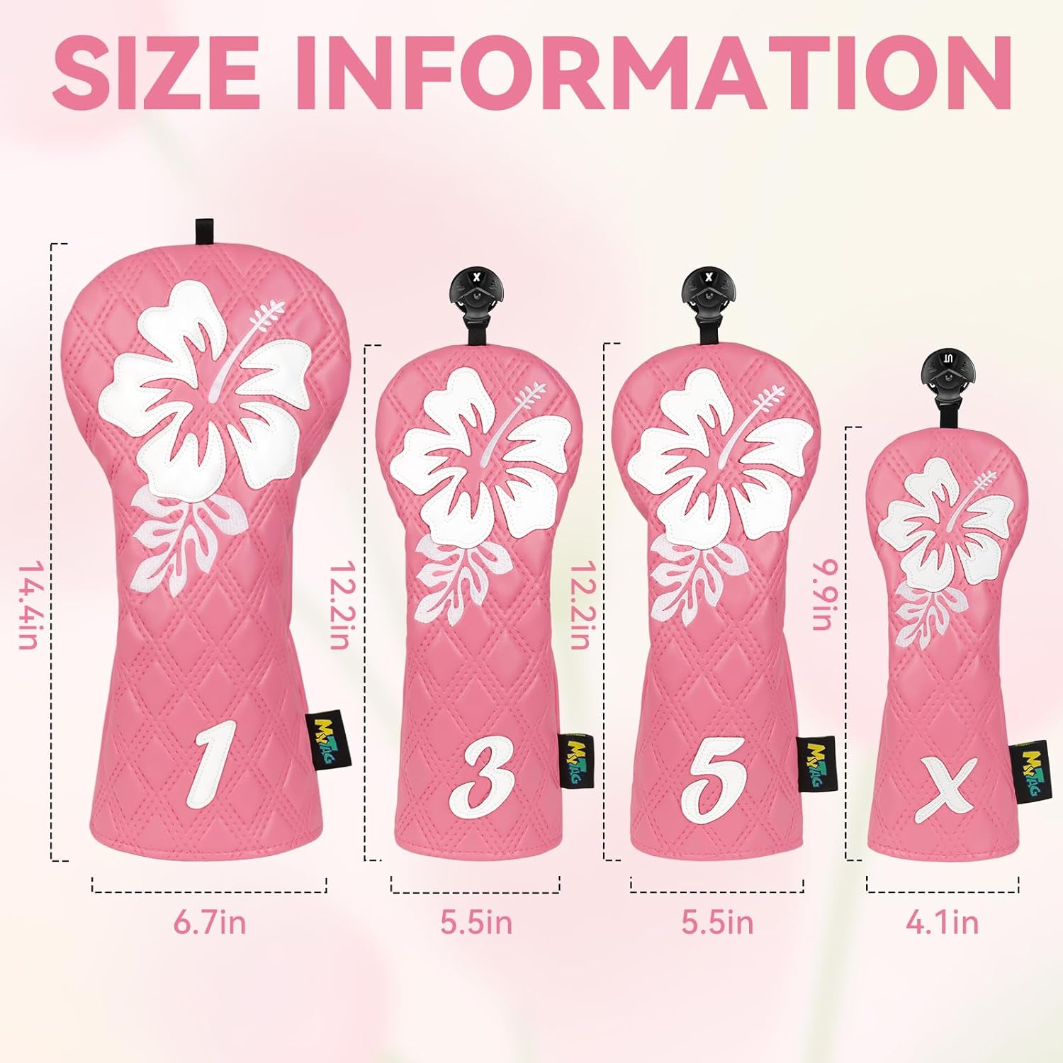 mytag Pink Golf Club Head Covers 4 Pack, Hibiscus Flowers Golf Headcovers Set with Patch & Embroidery Driver 3/5 Wood Hybrids/Rescue Covers