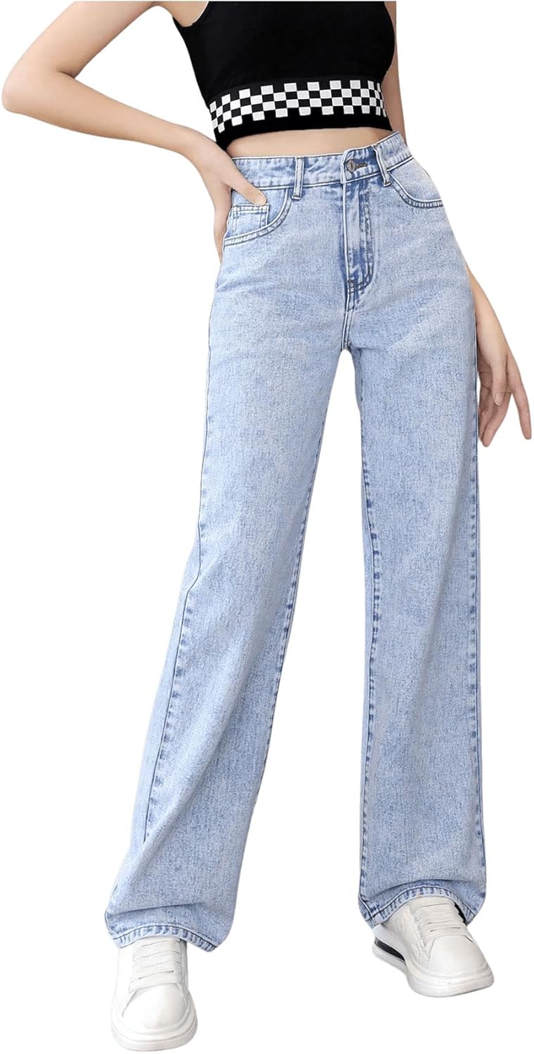 WDIRARA Girl's High Waist Zip Up Denim Pants Straight Leg Cargo Jeans with Pockets - Image 5