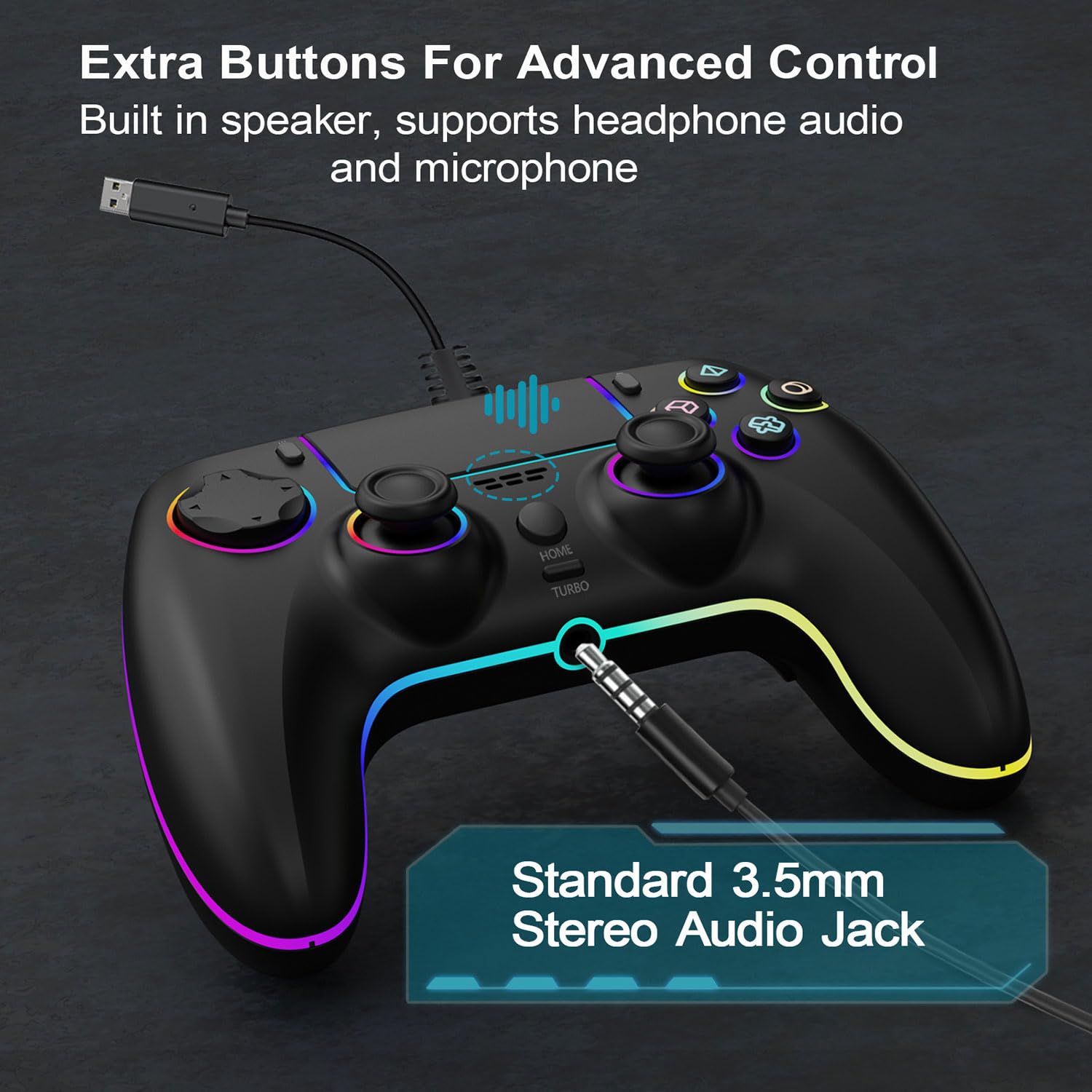 Mando de juego con cable RGB para PlayStation 5 de repuesto con disparador de efecto Hall para PS-5 y PC con Windows, doble vibración, sensor de movimiento, joypad remoto con turbo, mapeo macro (negro