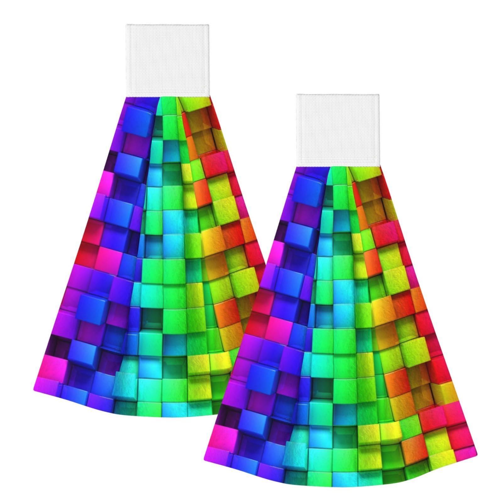 DOPKLNA Rainbow Color Plaid, 2 Pcs Hanging Coral Fiber Hand Towels for Bathroom, Absorbent Kitchen Towels