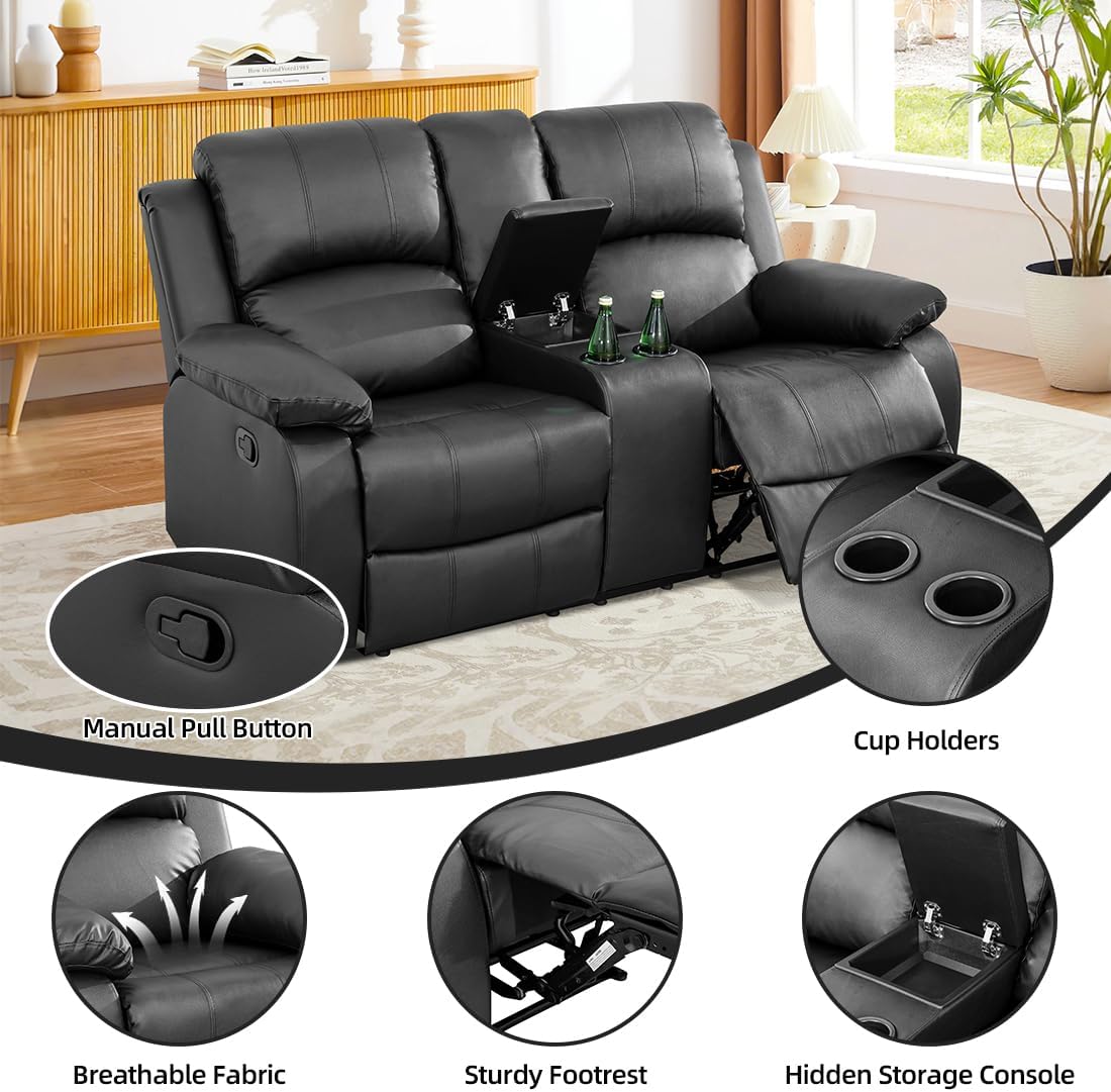 Living Room Furniture Set, 3-Piece Manual Recliner Sofa, Black Bonded Leather Reclining Sofa Set, Manual Recliner Loveseat with Hidden Storage and Cup Holders for Office, Home, Study Room