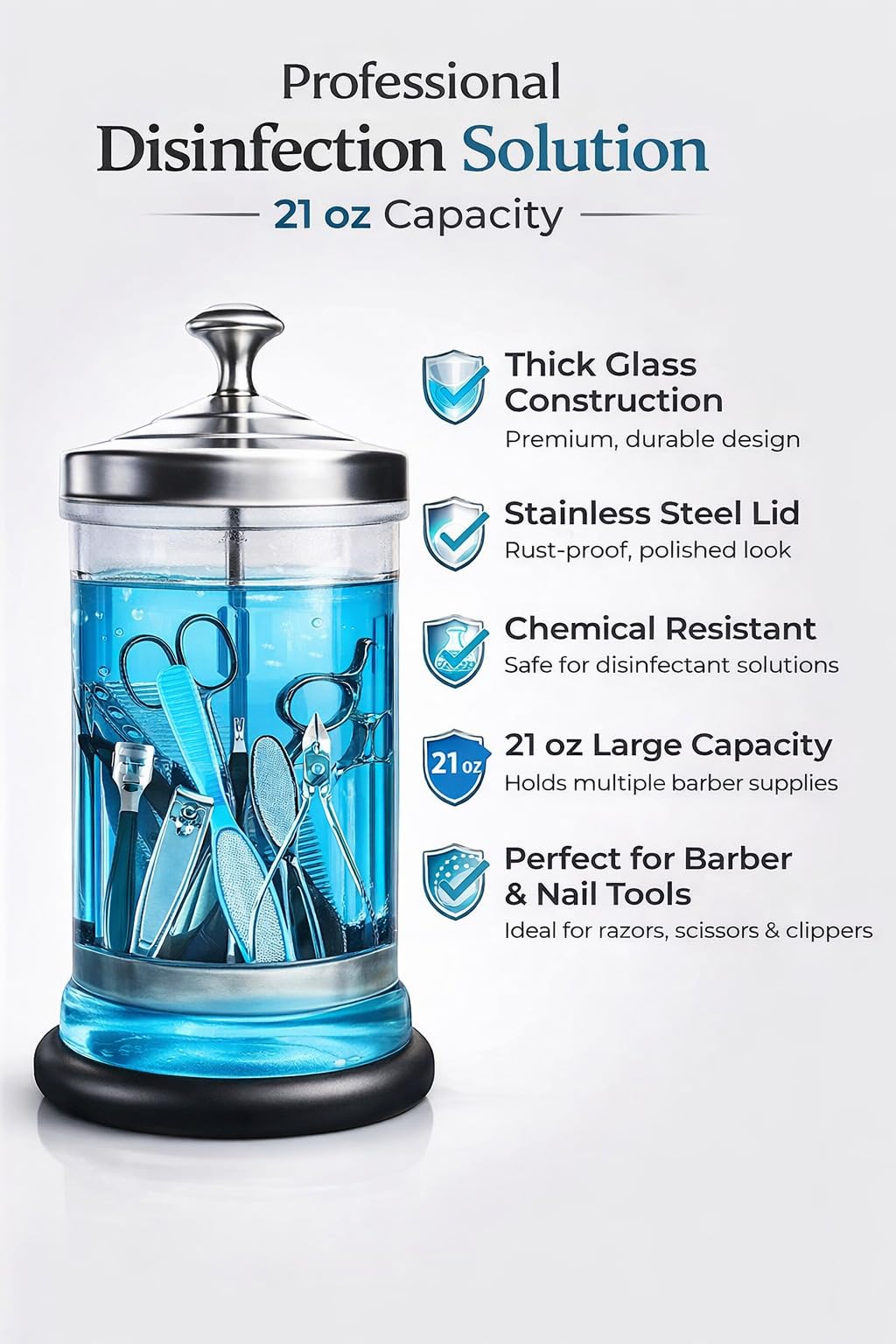 Petit pot désinfectant en verre pour barbiers et salons – Pot de stérilisateur professionnel pour fournitures de barbier et outils à ongles – 621 ml