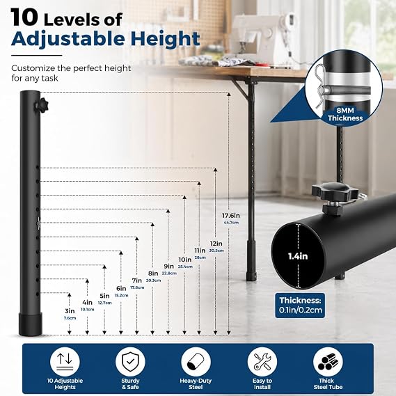 Table Leg Extenders for Folding Tables, 10-Level Adjustable Height Table Risers for Straight & Bent Legs, Heavy Duty Steel Folding Table Leg Extensions with Locking Pins & Non-Slip Feet, 4 Pack