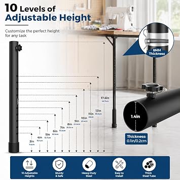 Table Leg Extenders for Folding Tables, 10-Level Adjustable Height Table Risers for Straight & Bent Legs, Heavy Duty Steel Folding Table Leg Extensions with Locking Pins & Non-Slip Feet, 4 Pack