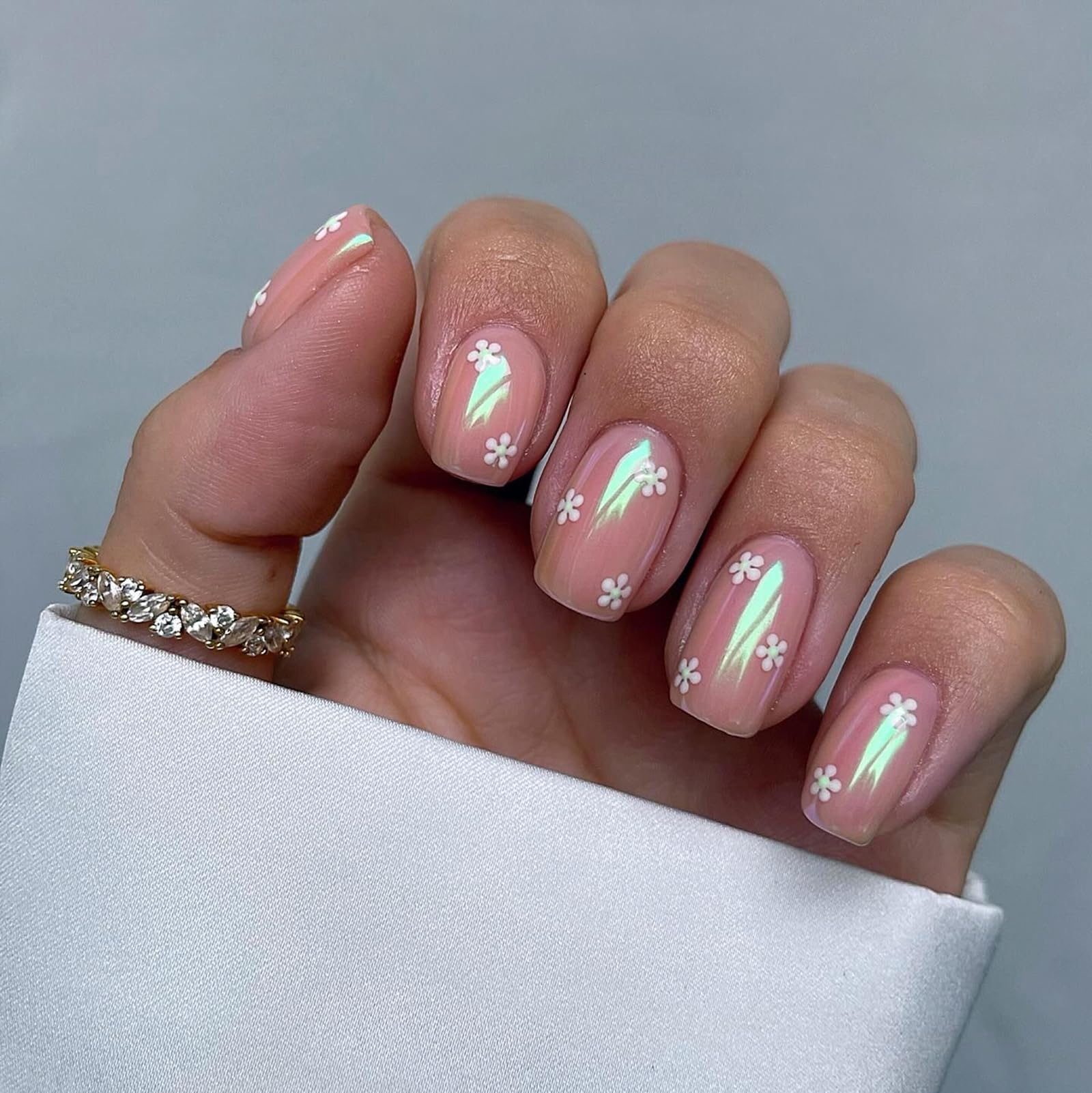 Medium Square Press on Nails Chrome Fake Nails Pink Full Cover White Floral False Nails with Designs Glossy Glue on Nails Spring Summer Acrylic Nails