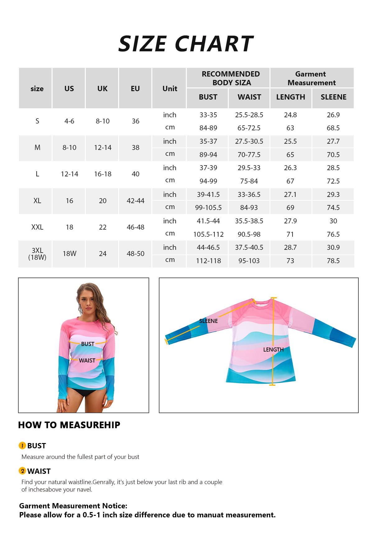 SHEKINI Traje de Baño de Manga Larga con Protección Solar para Mujer Camiseta de Surf con Estampado de Paisaje