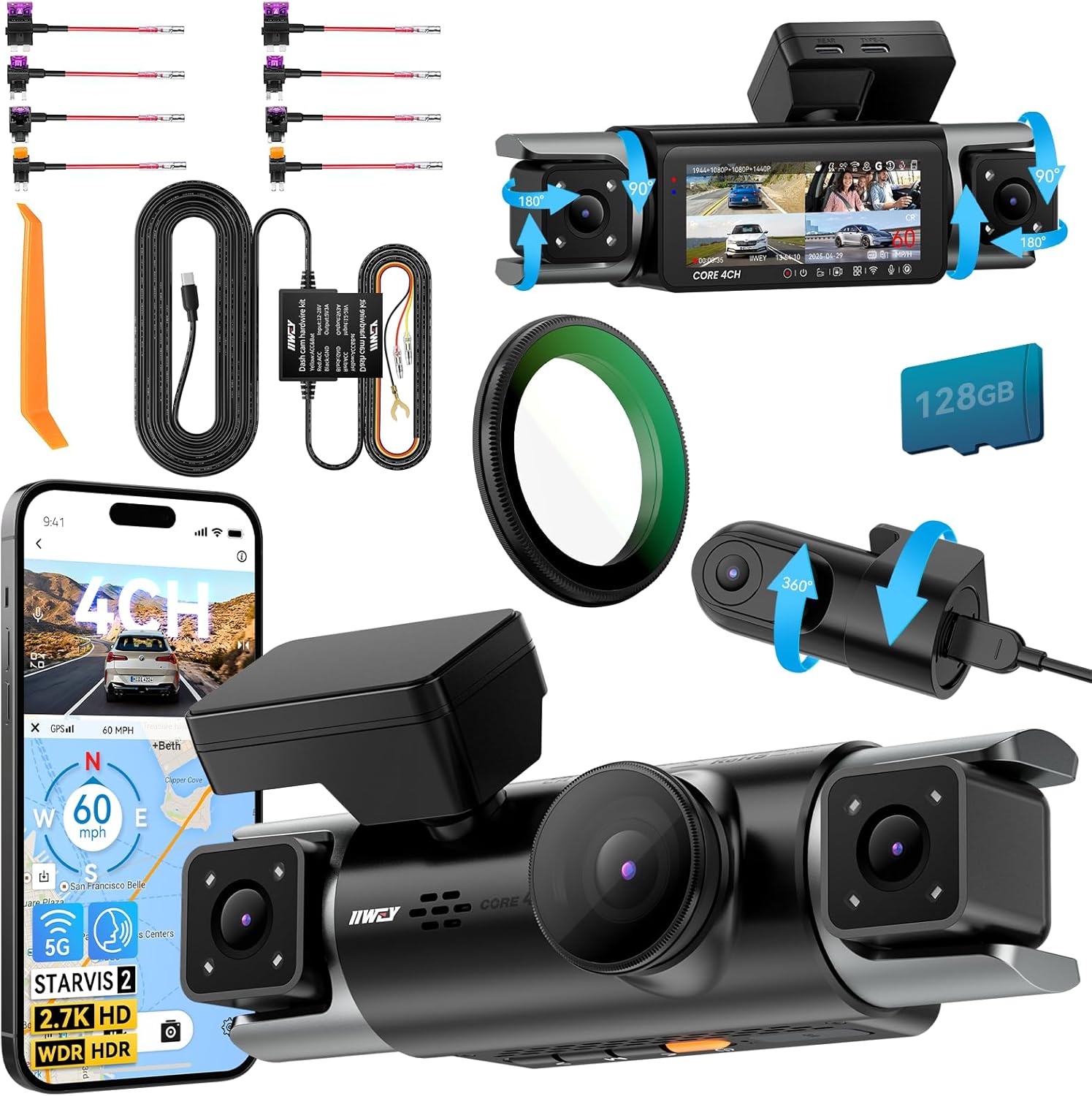 IIWEY C4 PRO 4-CH Dash Cam & Hardwire Kit & CPL Filter