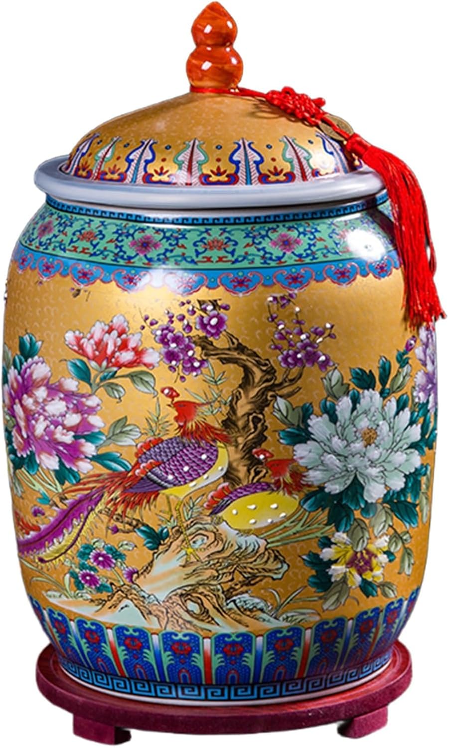 Large Ceramic Rice Bucket with Lid, Chinese Design Grain Dispenser, Ceramic Rice Storage Jar with Tassel, Multifunctional Container for Rice, Oatmeal, Coffee, Snacks(33x20.5cm/13x8.1in, Gold)