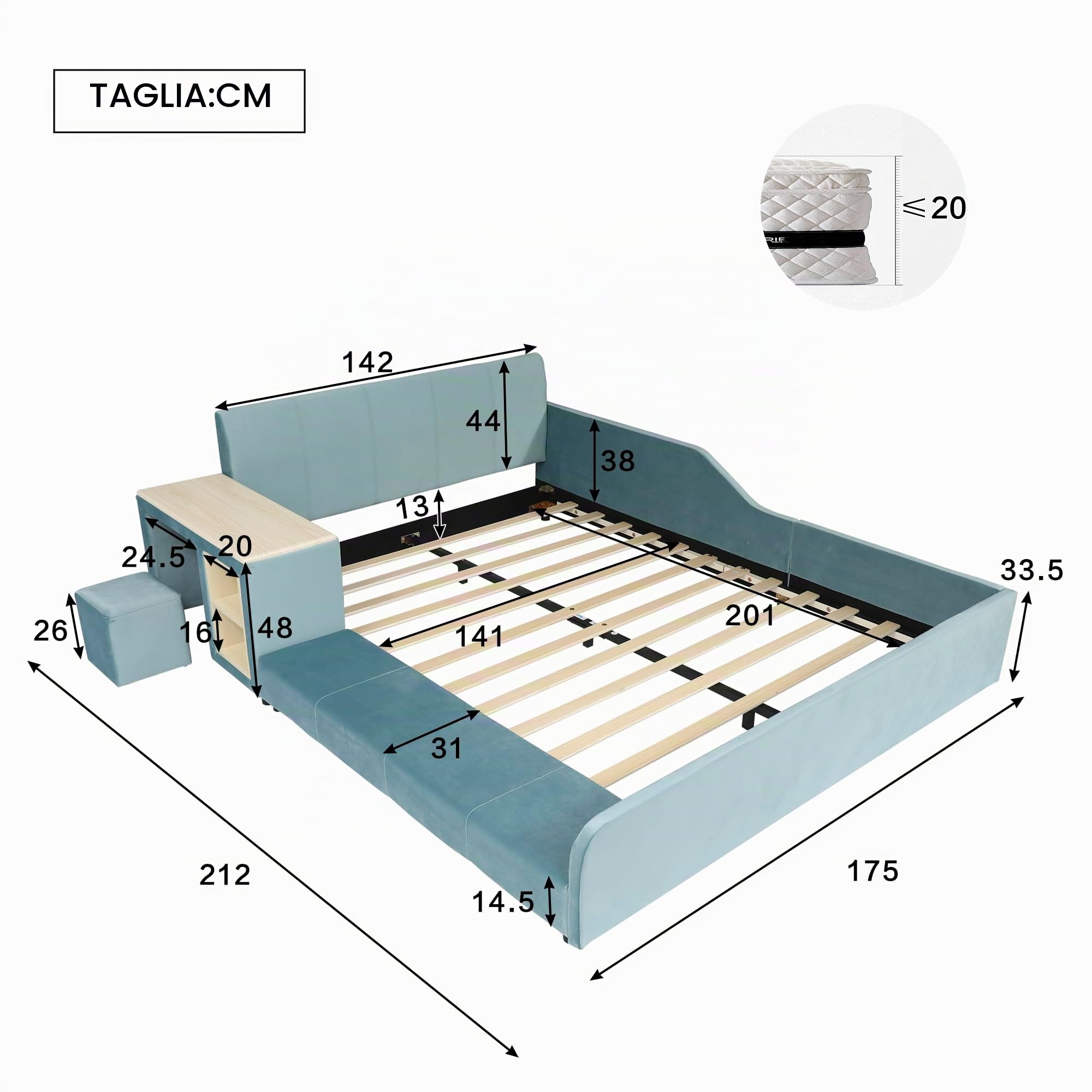 Letto imbottito con scrivania per bambini e sgabello, con ripiano, 140 x 200 cm, letto singolo, letto matrimoniale con testiera e rete a doghe, in velluto, blu