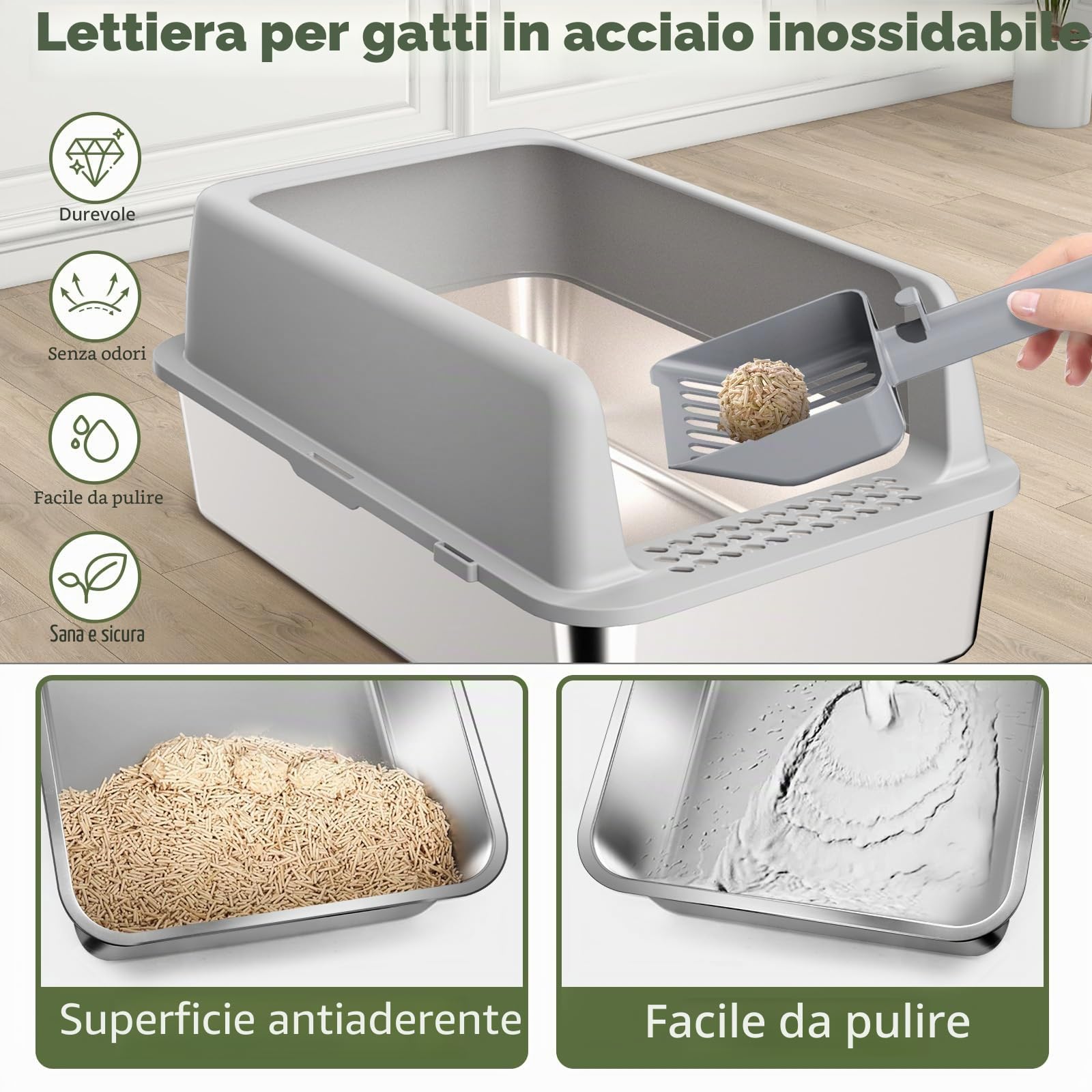 Gimars XL lettiera in acciaio per gatti, ampia vaschetta in acciaio inox da 20L con paletta e tappetino, lettiera in metallo ideale per gatti di taglia media e grande