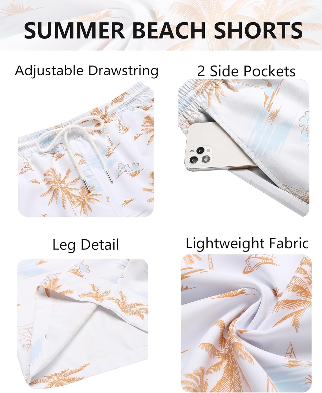 COOFANDY Men's Hawaiian Beach Shorts Elastic Waist Drawstring Lightweight Summer Casual Shorts with Pocket - Image 6