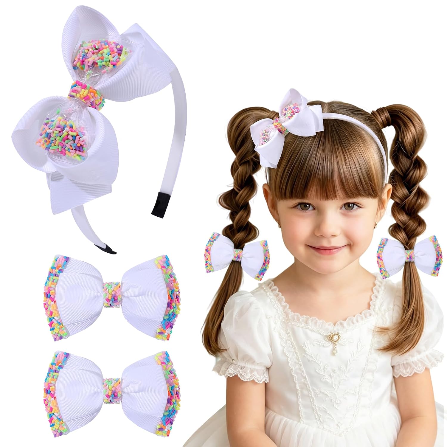 OAOLEER 1 PCS Pink Bow Headbands for Girls with 2 PCS Pink Hair Bow Clips | Candy Tulle Hairbands Girls Hair Accessories for Birthday, Party, Proms